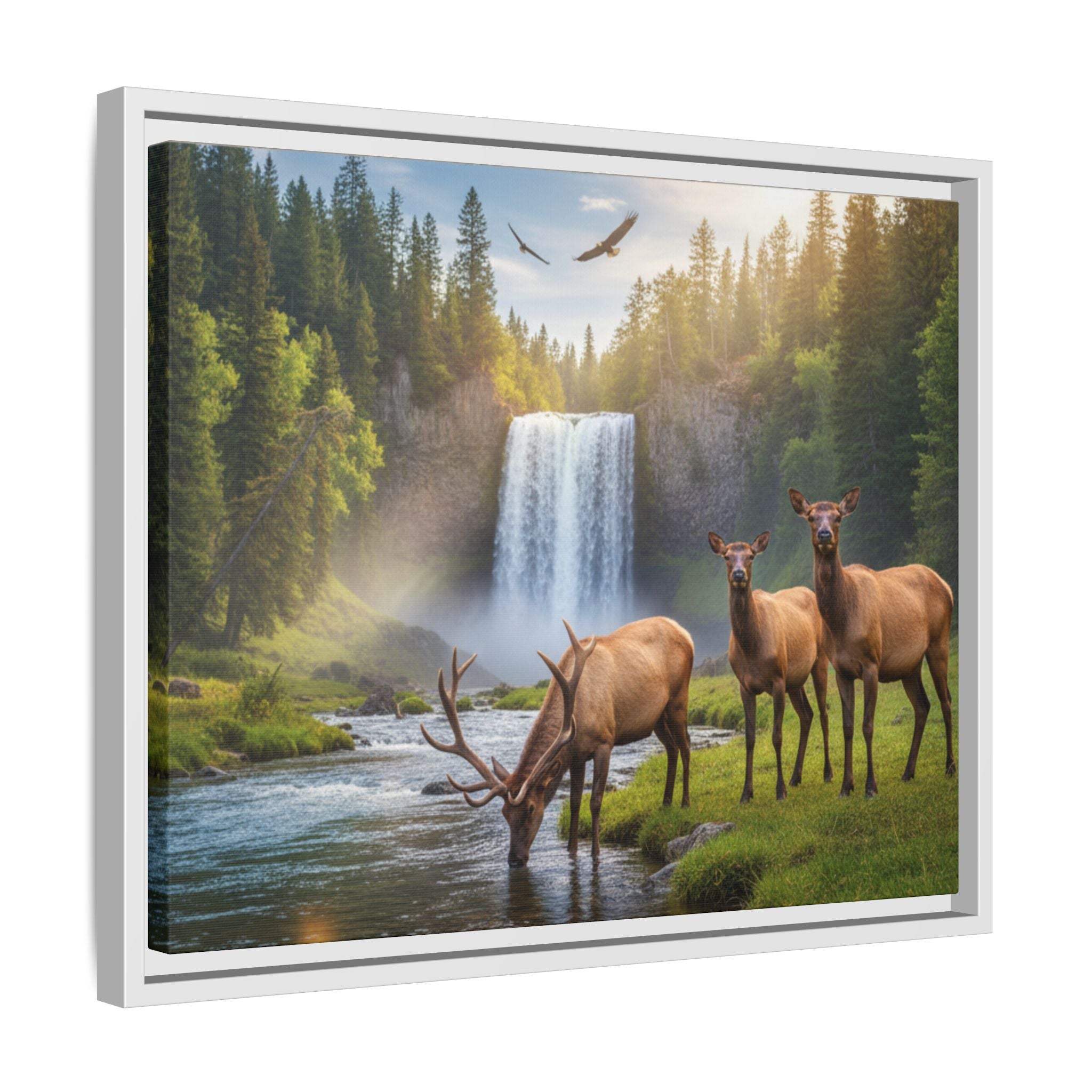 Waterfall Elk Forest Landscape Wall Art