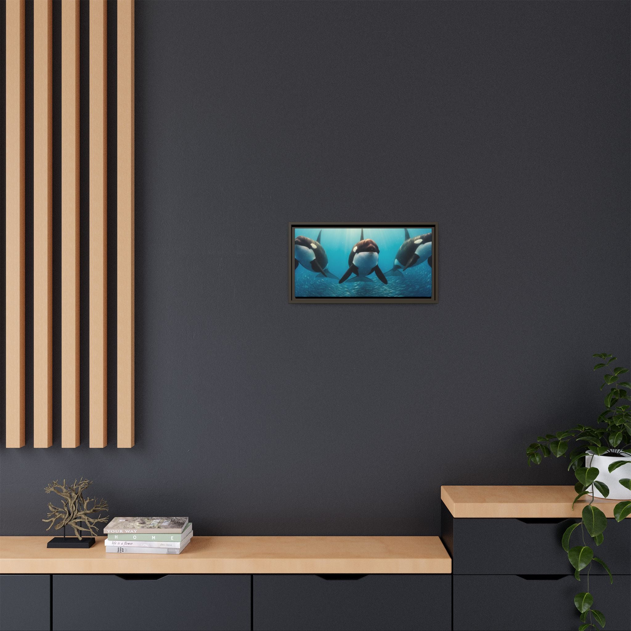 Framed Orca Canvas Print — Underwater Whale Pod Ocean Wall Art
