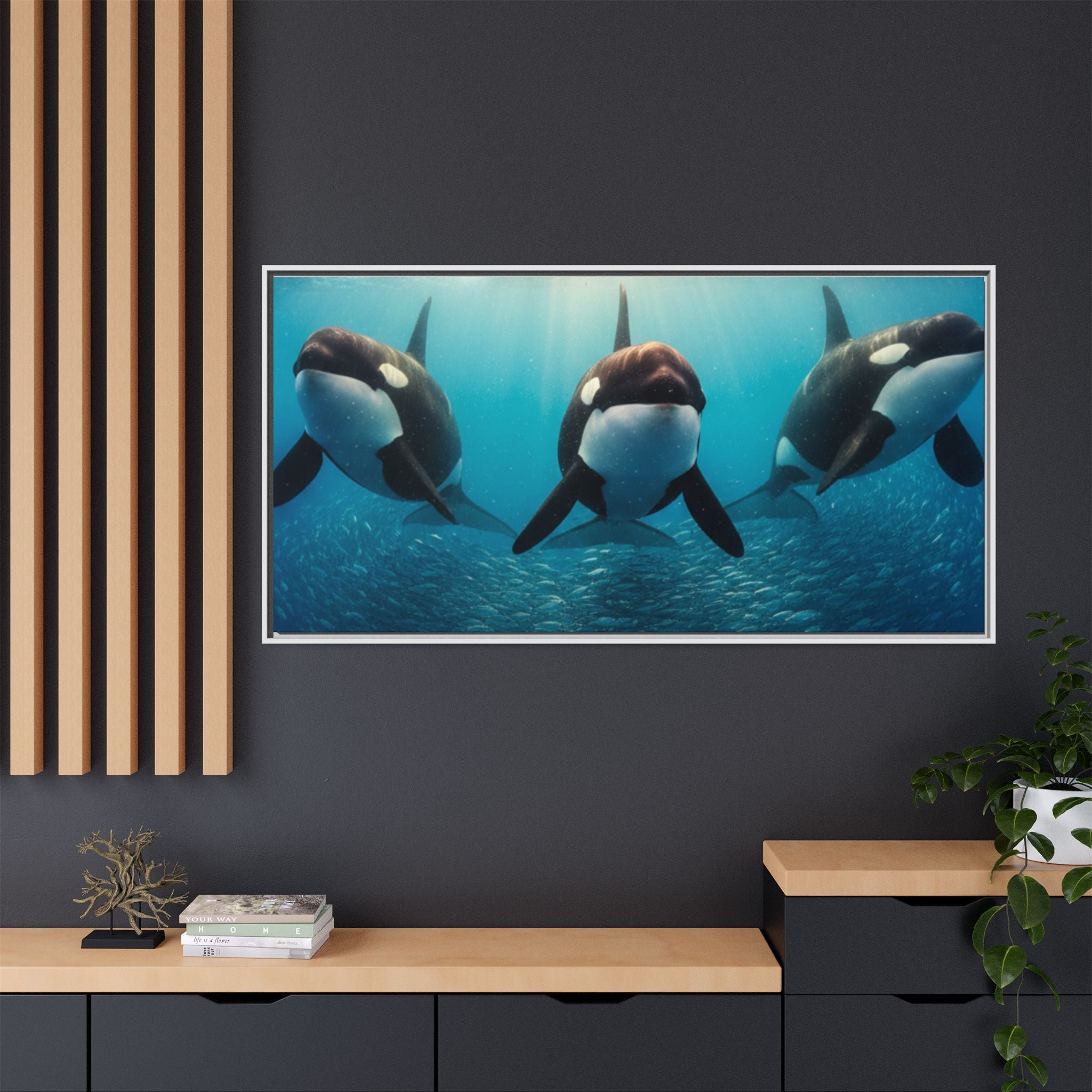 Framed Orca Canvas Print — Underwater Whale Pod Ocean Wall Art