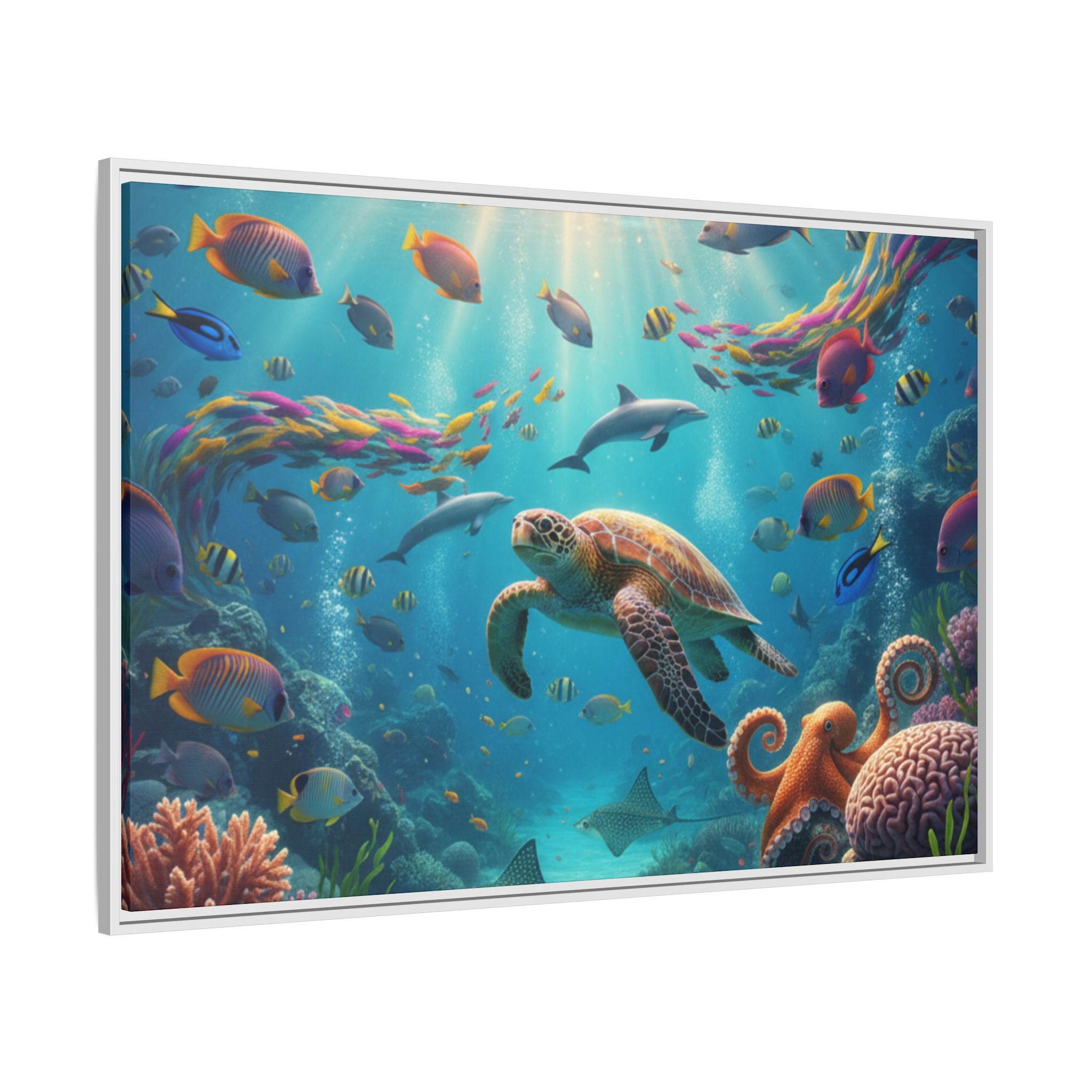 Framed Ocean Life Canvas — Colorful Sea Turtle Wall Art