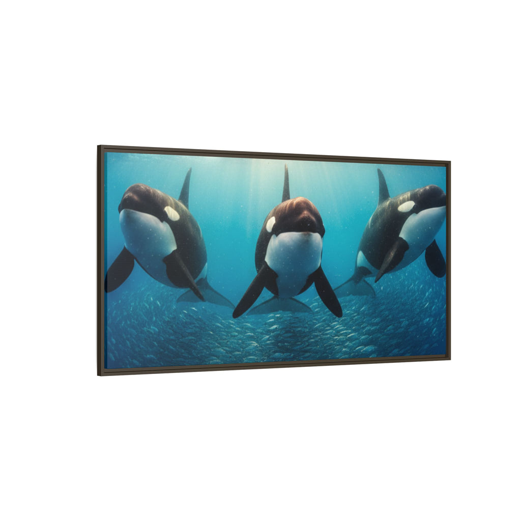 Framed Orca Canvas Print — Underwater Whale Pod Ocean Wall Art