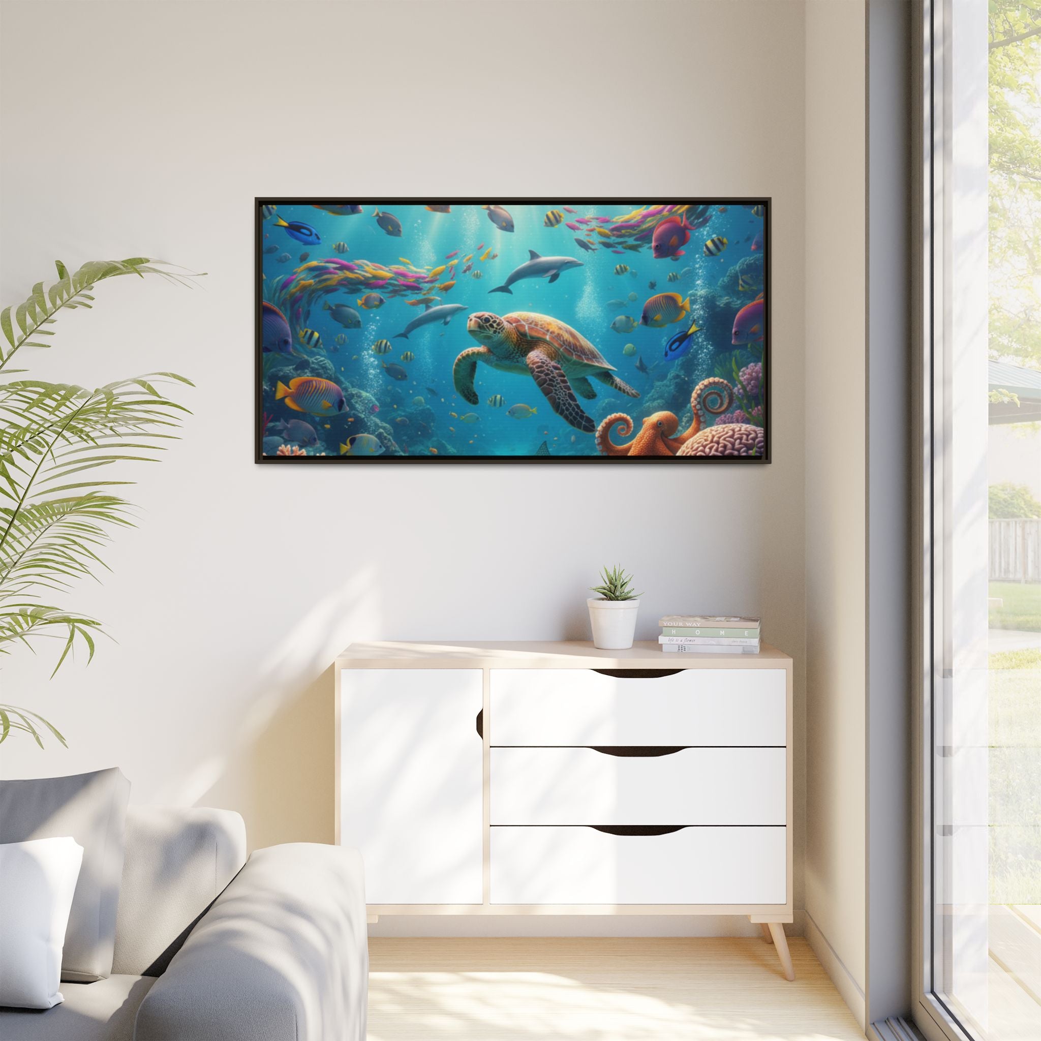 Framed Ocean Life Canvas — Colorful Sea Turtle Wall Art
