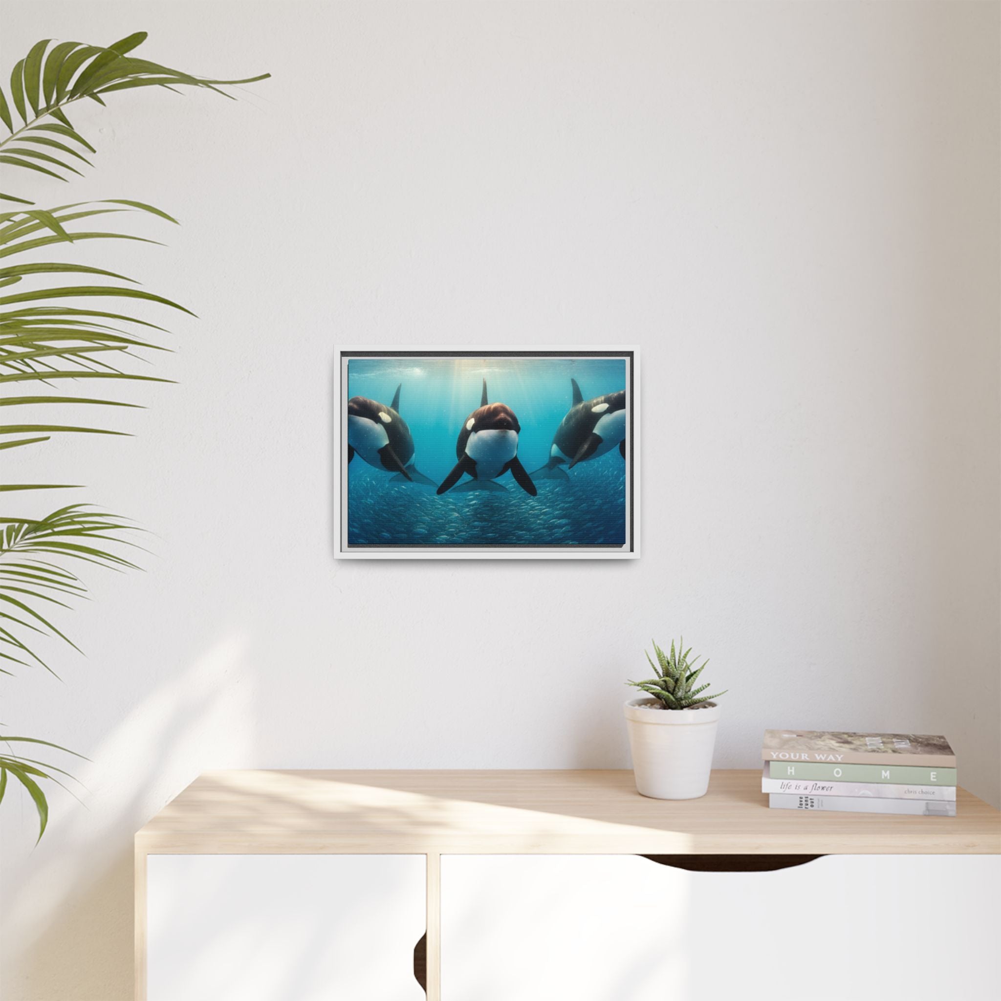 Framed Orca Canvas Print — Underwater Whale Pod Ocean Wall Art