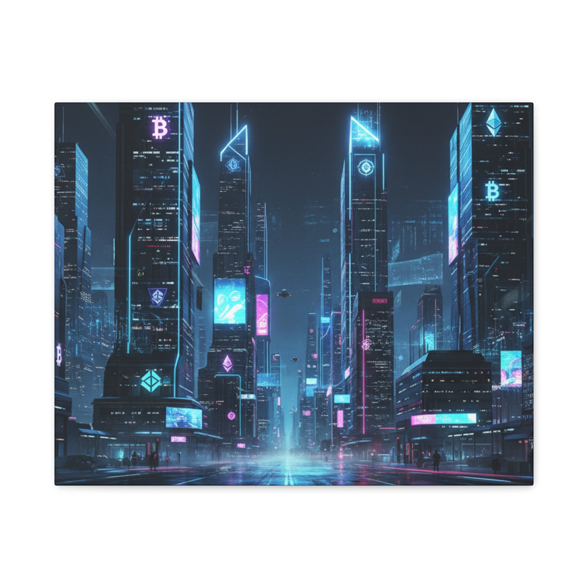 Cyberpunk Crypto Cityscape Canvas Print — Futuristic Neon Skyline Wall Art