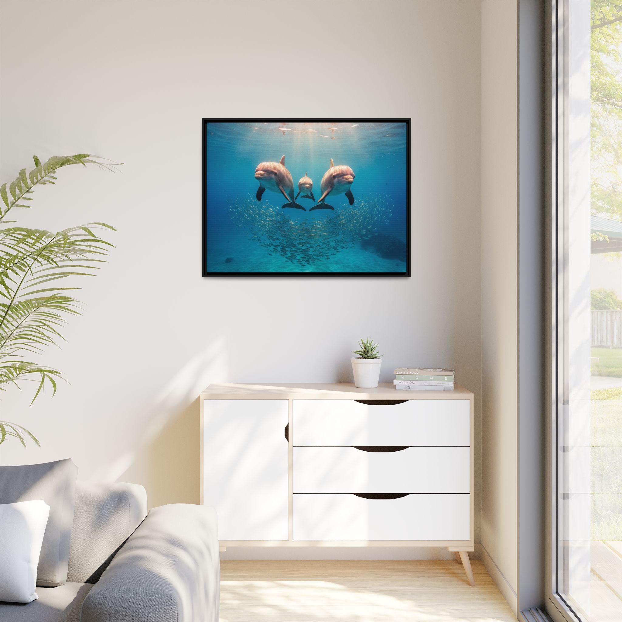 Framed Dolphin Canvas Print — Matte Ocean Wall Art