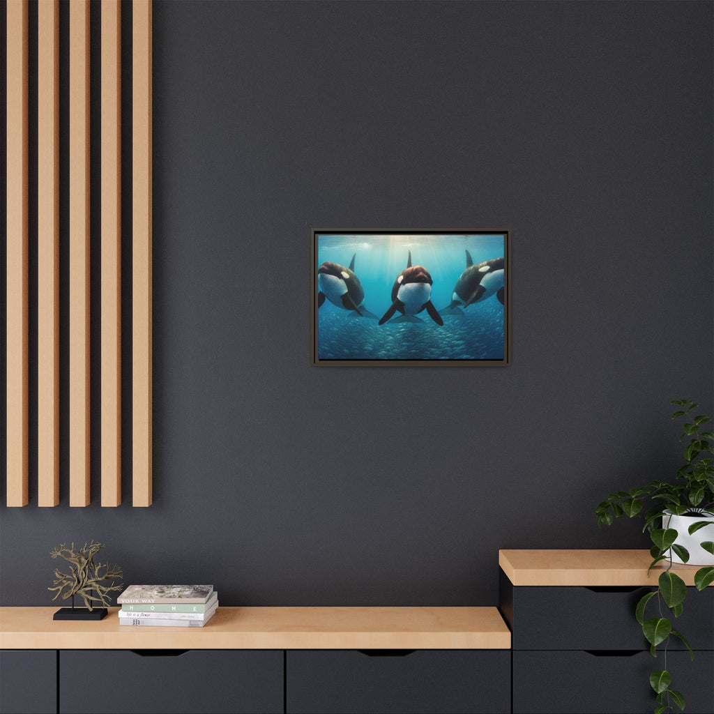 Framed Orca Canvas Print — Underwater Whale Pod Ocean Wall Art