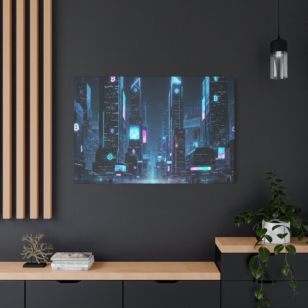Cyberpunk Crypto Cityscape Canvas Print — Futuristic Neon Skyline Wall Art