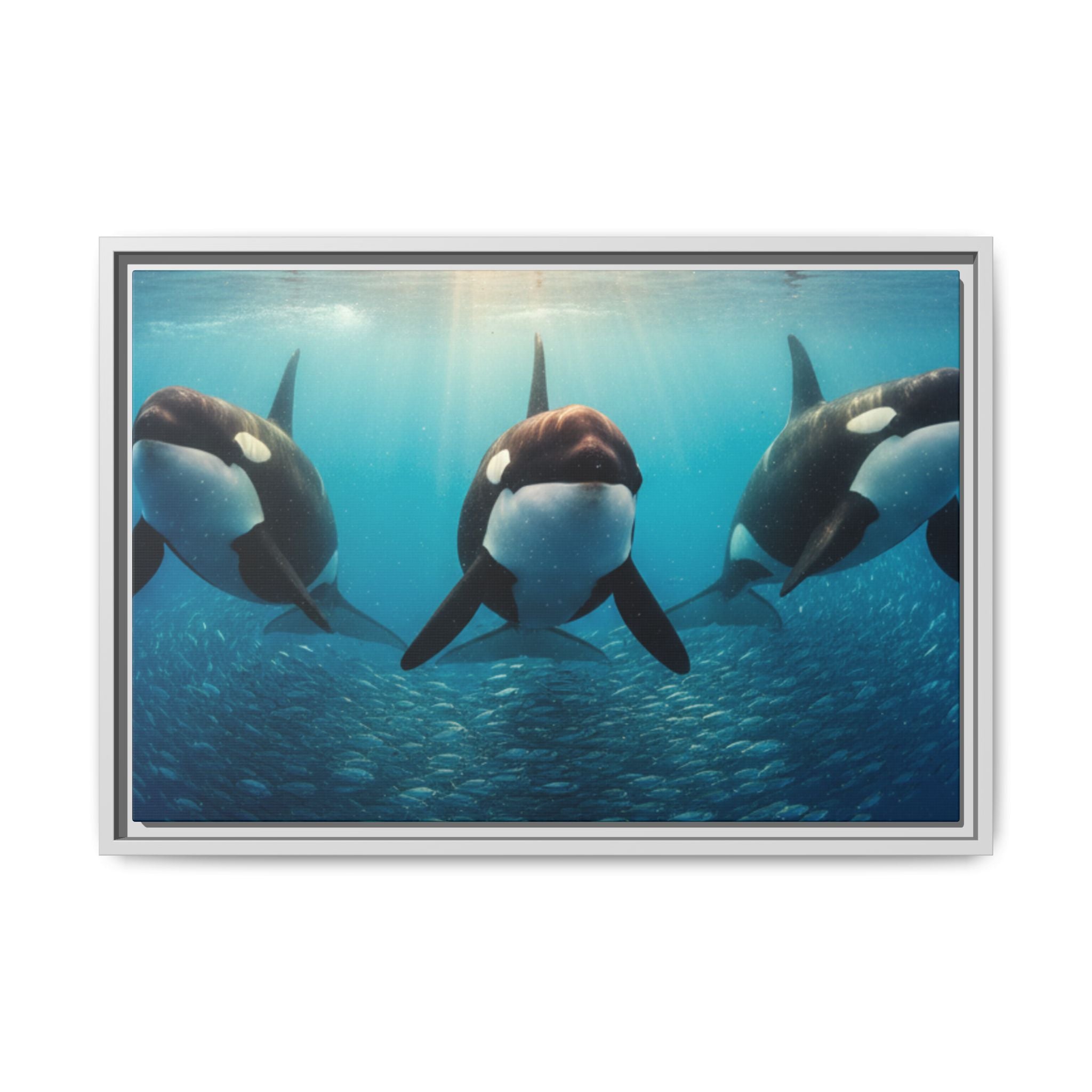 Framed Orca Canvas Print — Underwater Whale Pod Ocean Wall Art