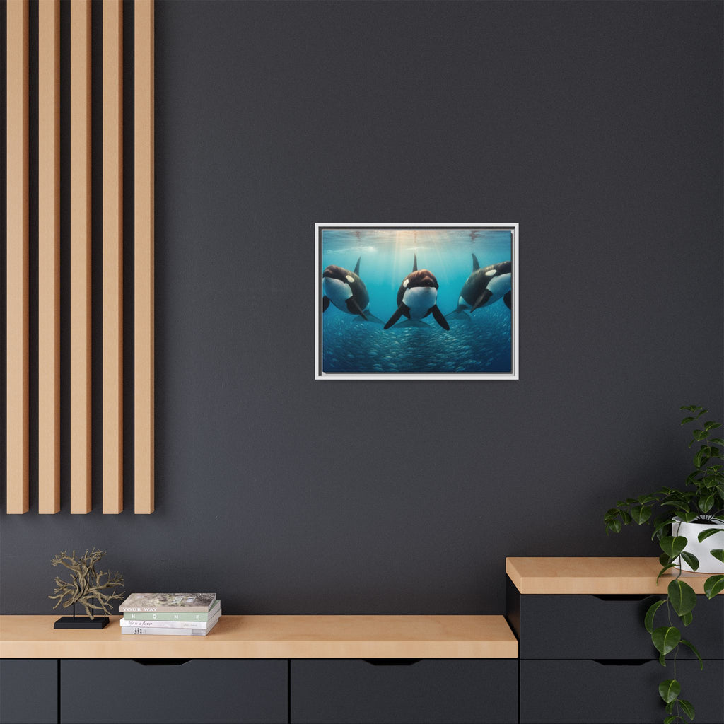 Framed Orca Canvas Print — Underwater Whale Pod Ocean Wall Art
