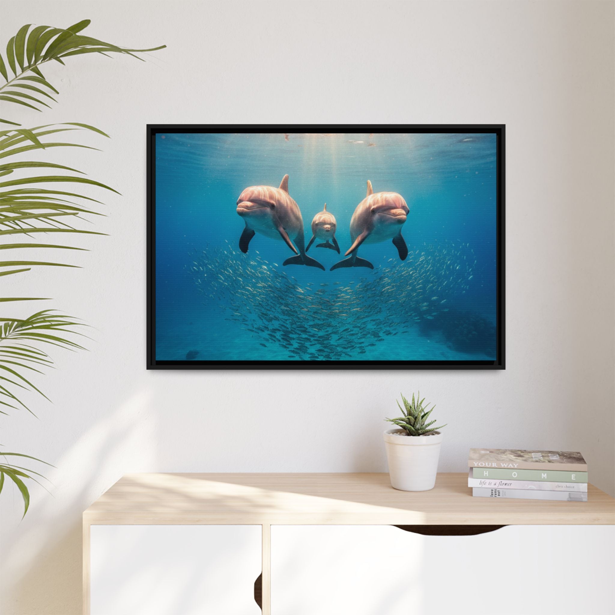 Framed Dolphin Canvas Print — Matte Ocean Wall Art