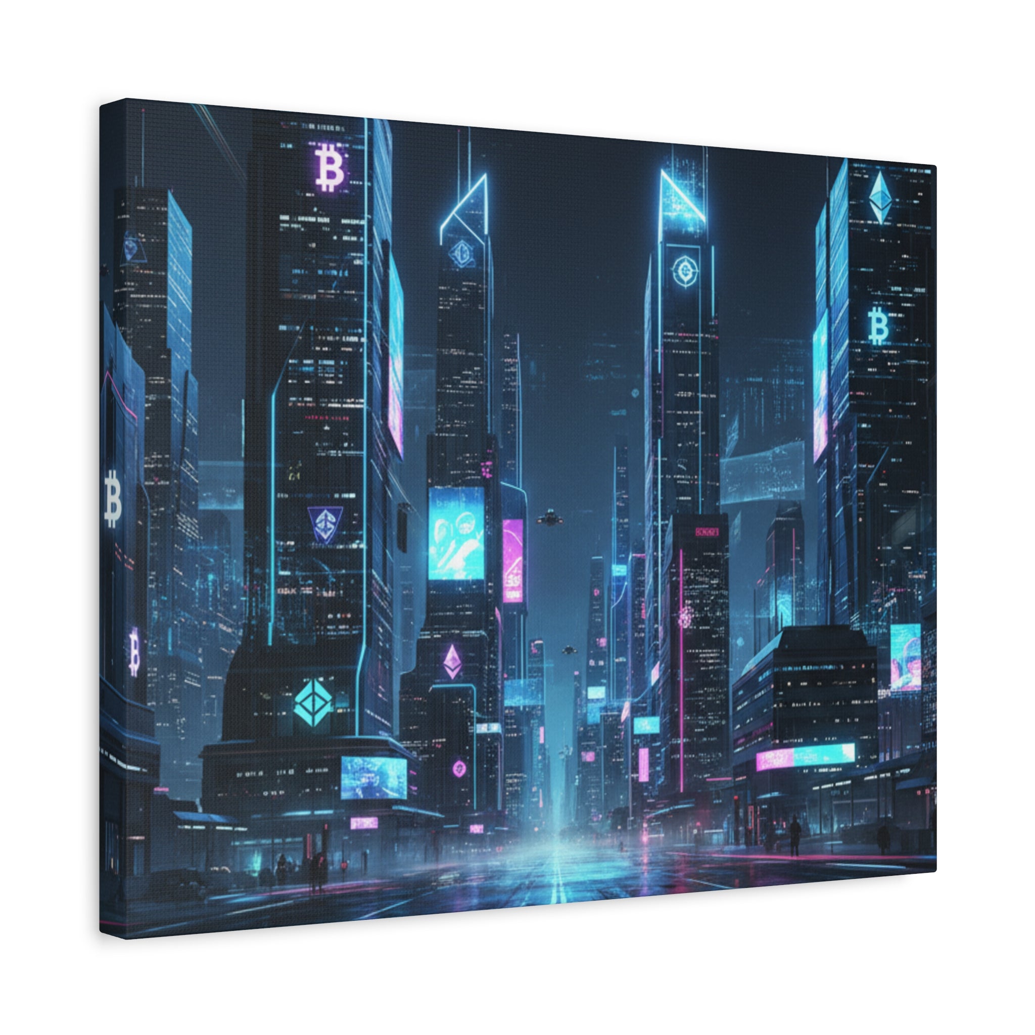 Cyberpunk Crypto Cityscape Canvas Print — Futuristic Neon Skyline Wall Art