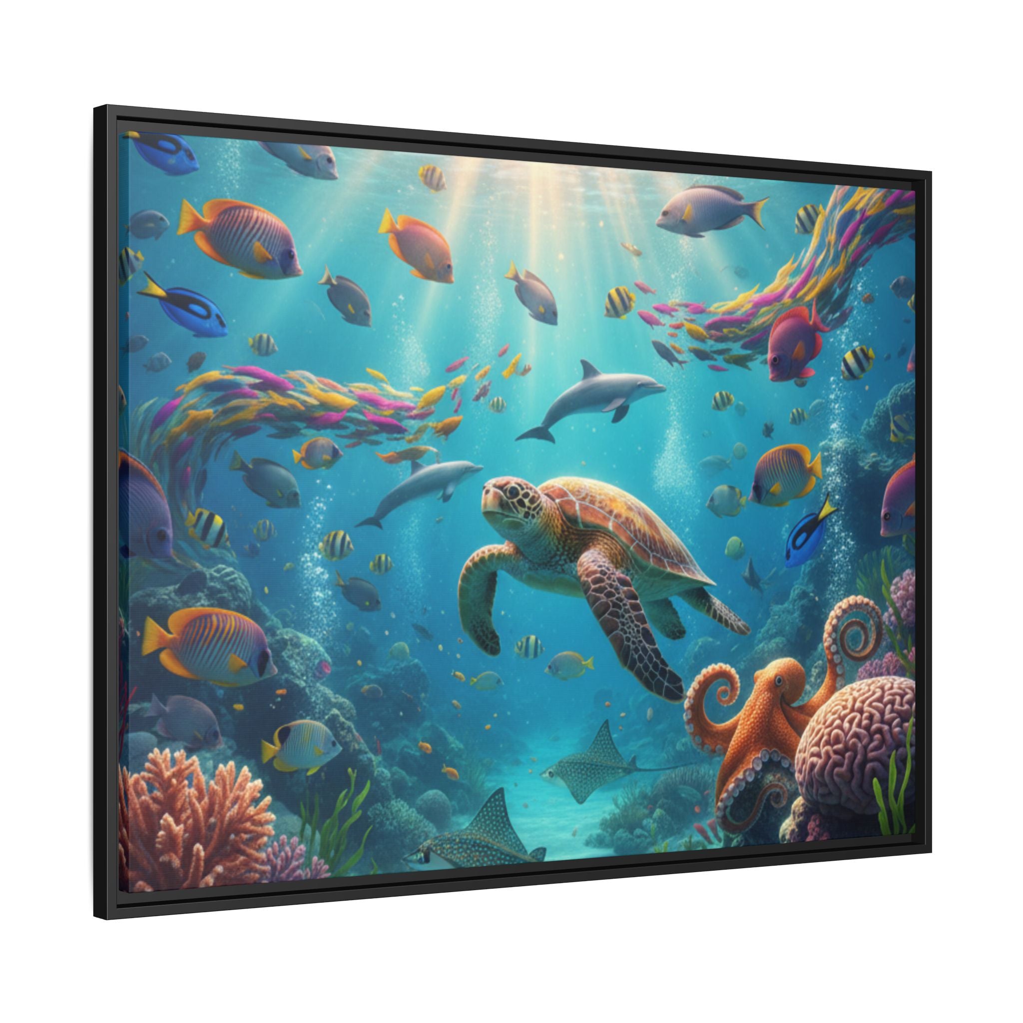 Framed Ocean Life Canvas — Colorful Sea Turtle Wall Art