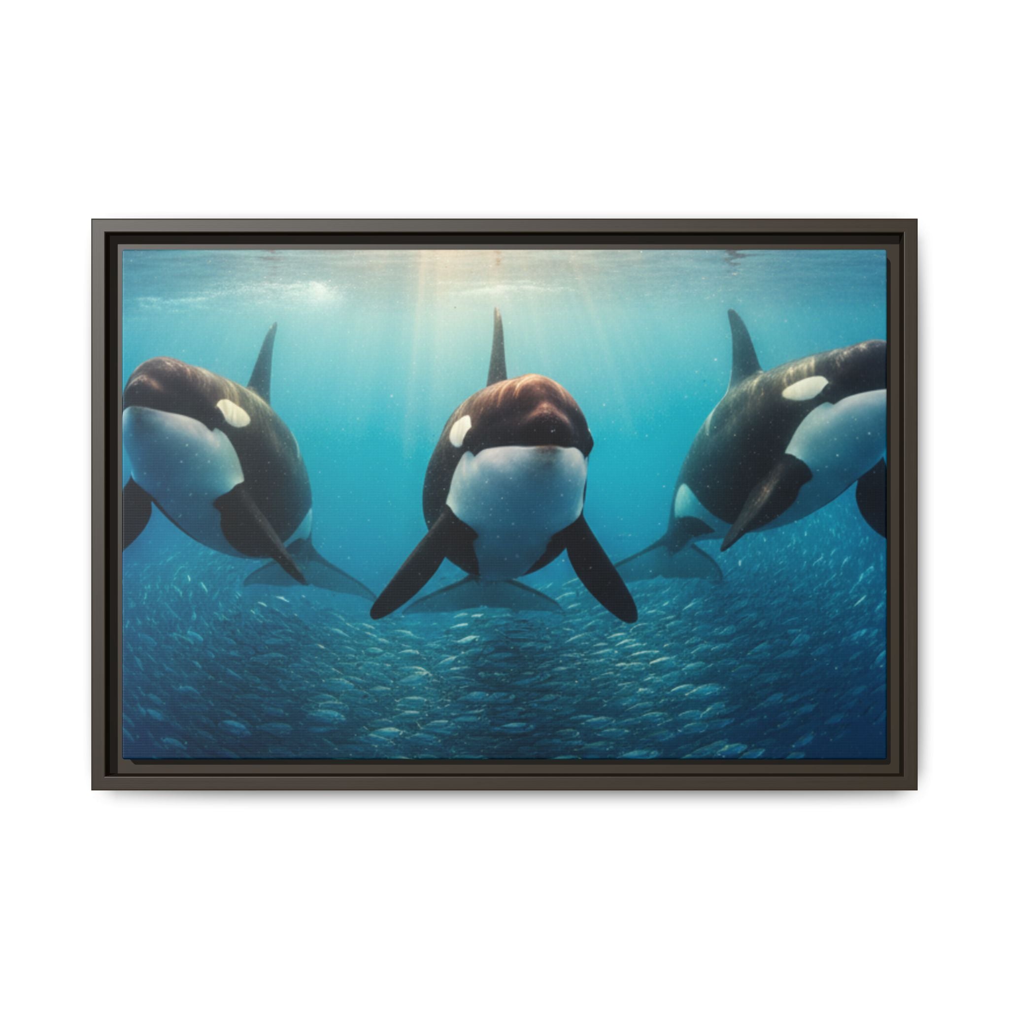 Framed Orca Canvas Print — Underwater Whale Pod Ocean Wall Art