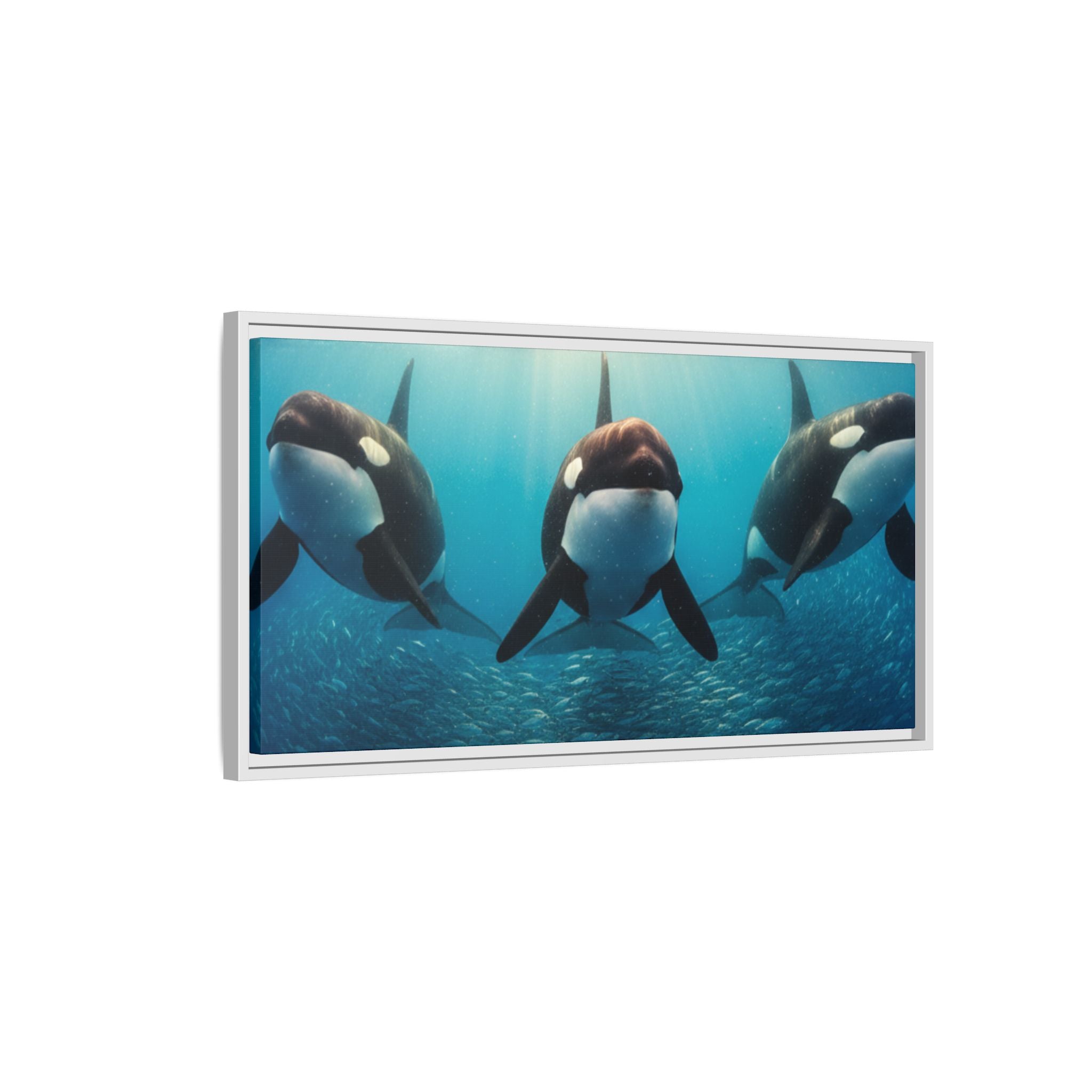 Framed Orca Canvas Print — Underwater Whale Pod Ocean Wall Art