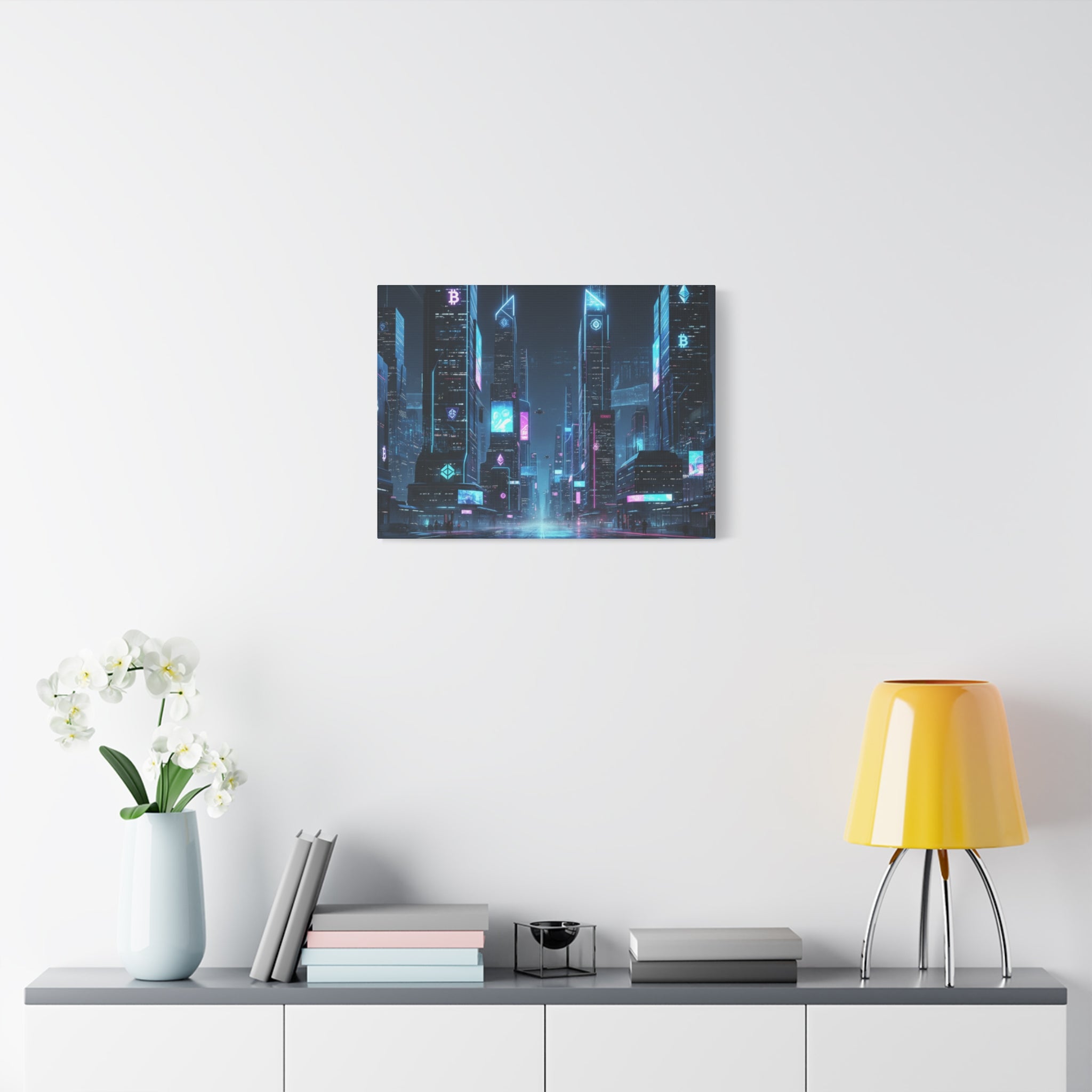 Cyberpunk Crypto Cityscape Canvas Print — Futuristic Neon Skyline Wall Art