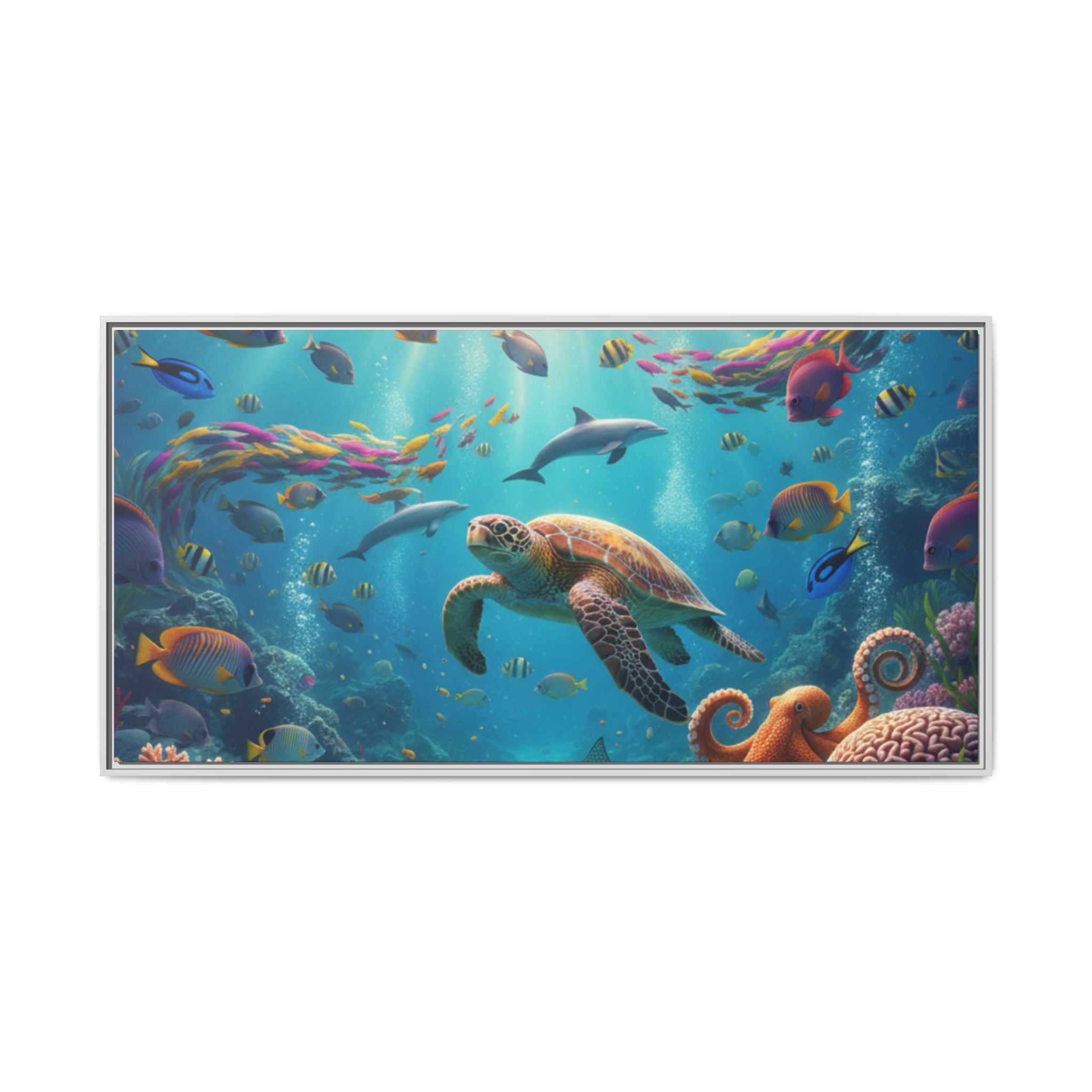 Framed Ocean Life Canvas — Colorful Sea Turtle Wall Art