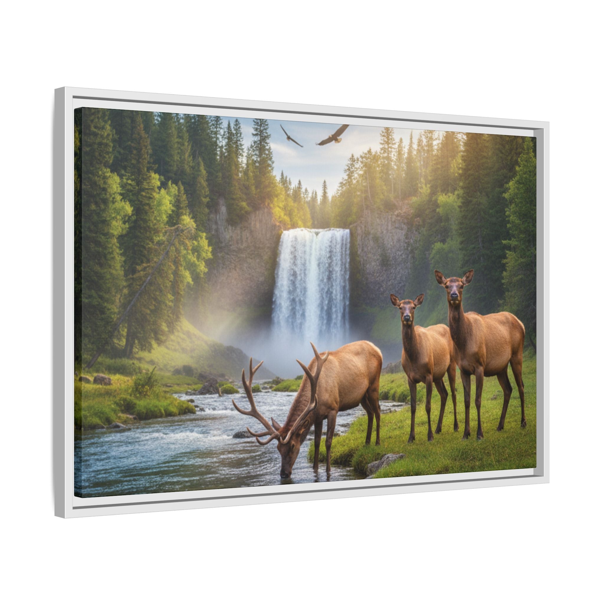 Waterfall Elk Forest Landscape Wall Art
