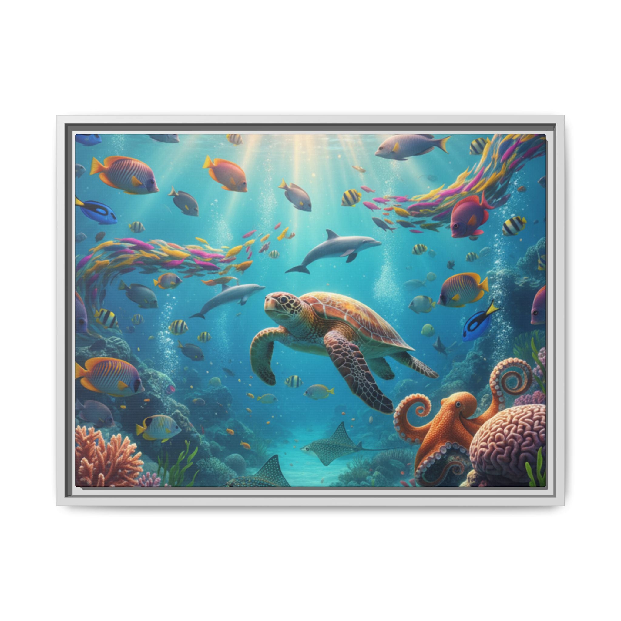 Framed Ocean Life Canvas — Colorful Sea Turtle Wall Art