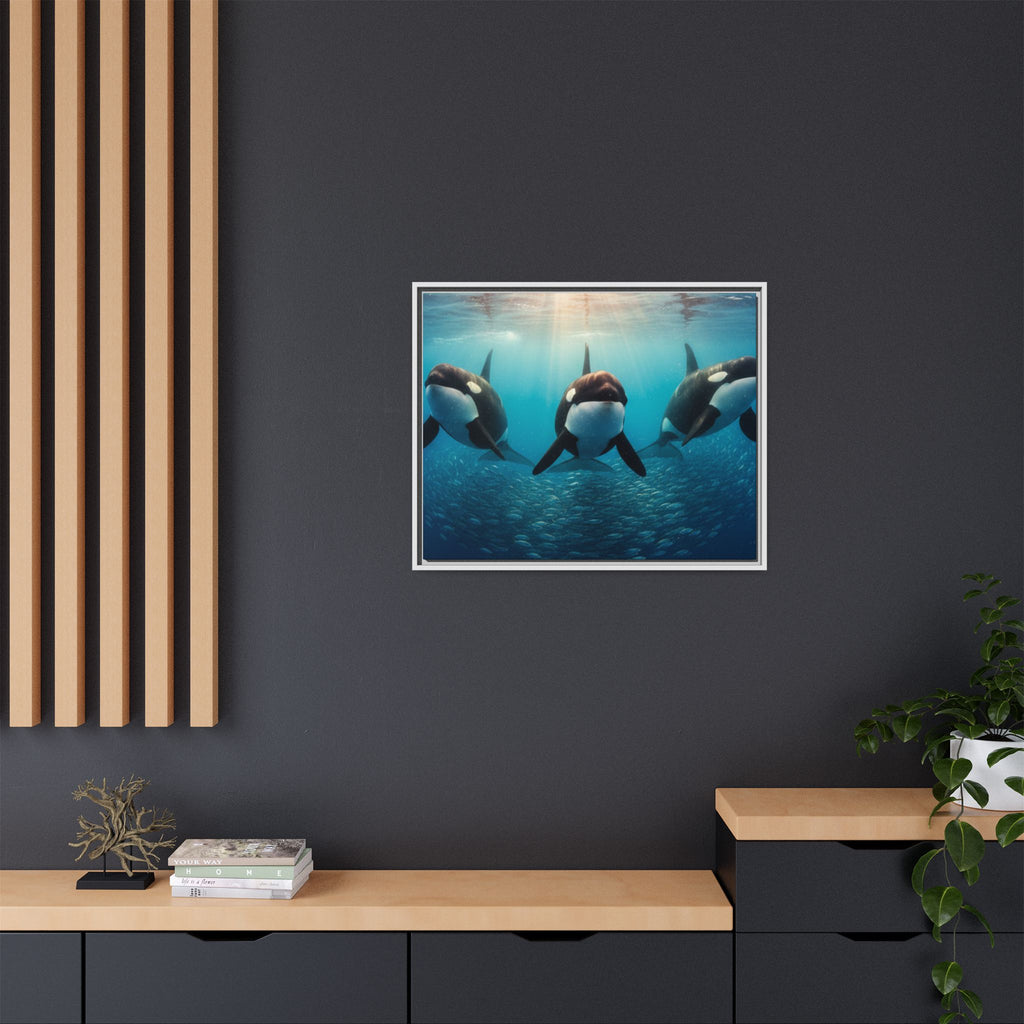 Framed Orca Canvas Print — Underwater Whale Pod Ocean Wall Art