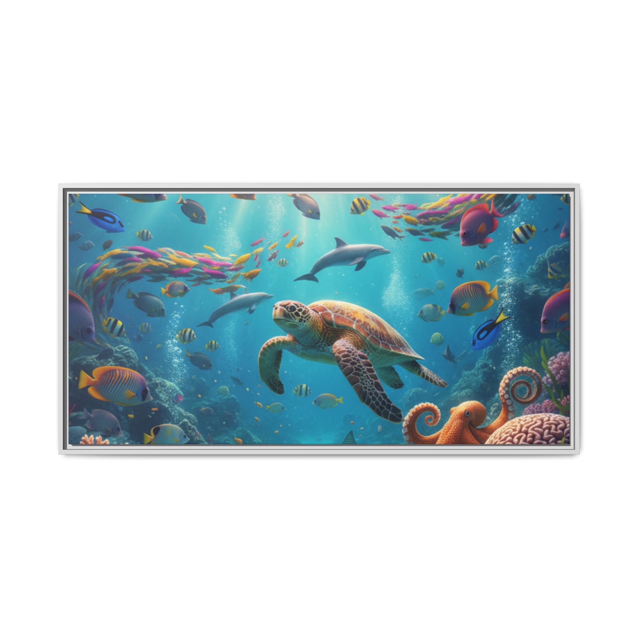 Framed Ocean Life Canvas — Colorful Sea Turtle Wall Art