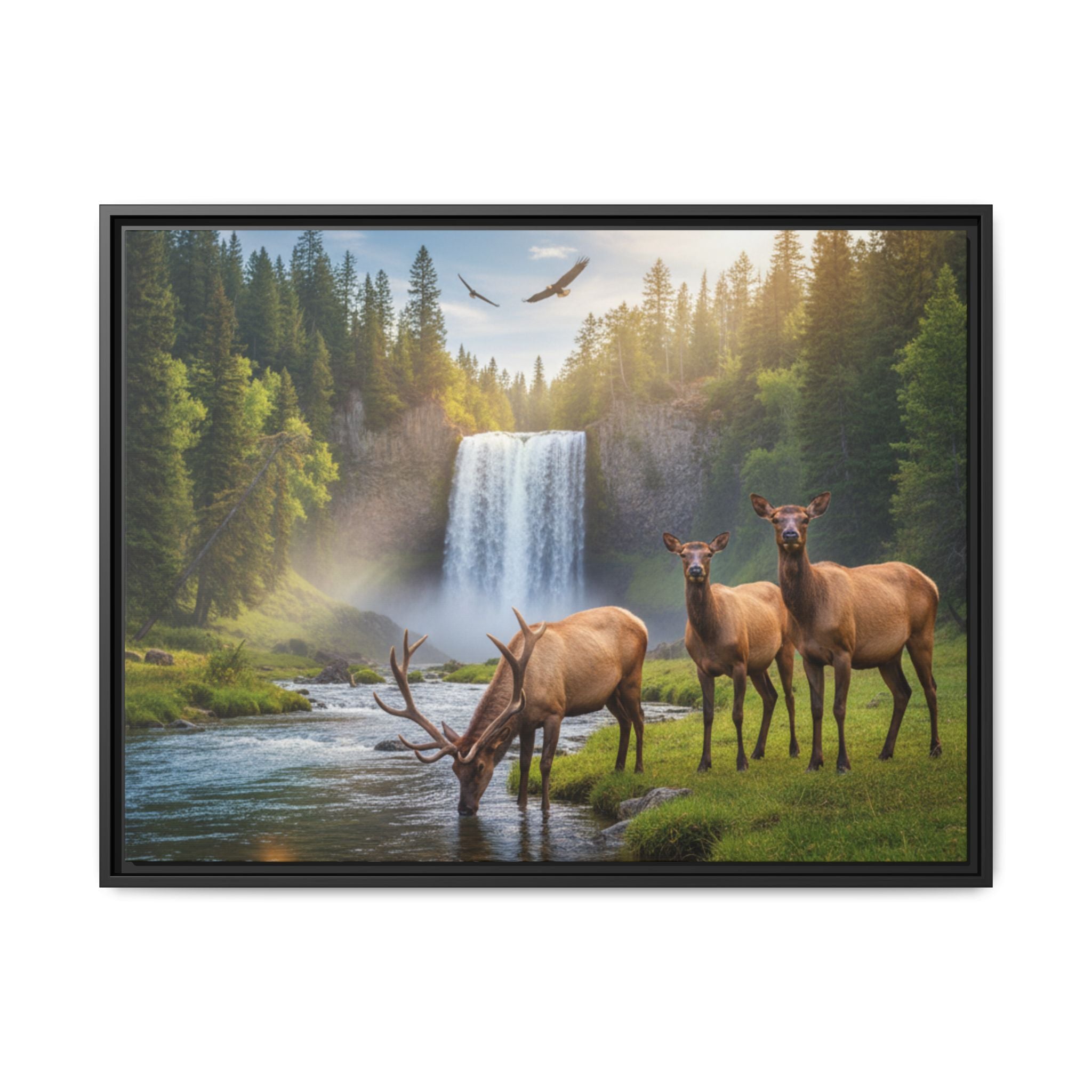 Waterfall Elk Forest Landscape Wall Art
