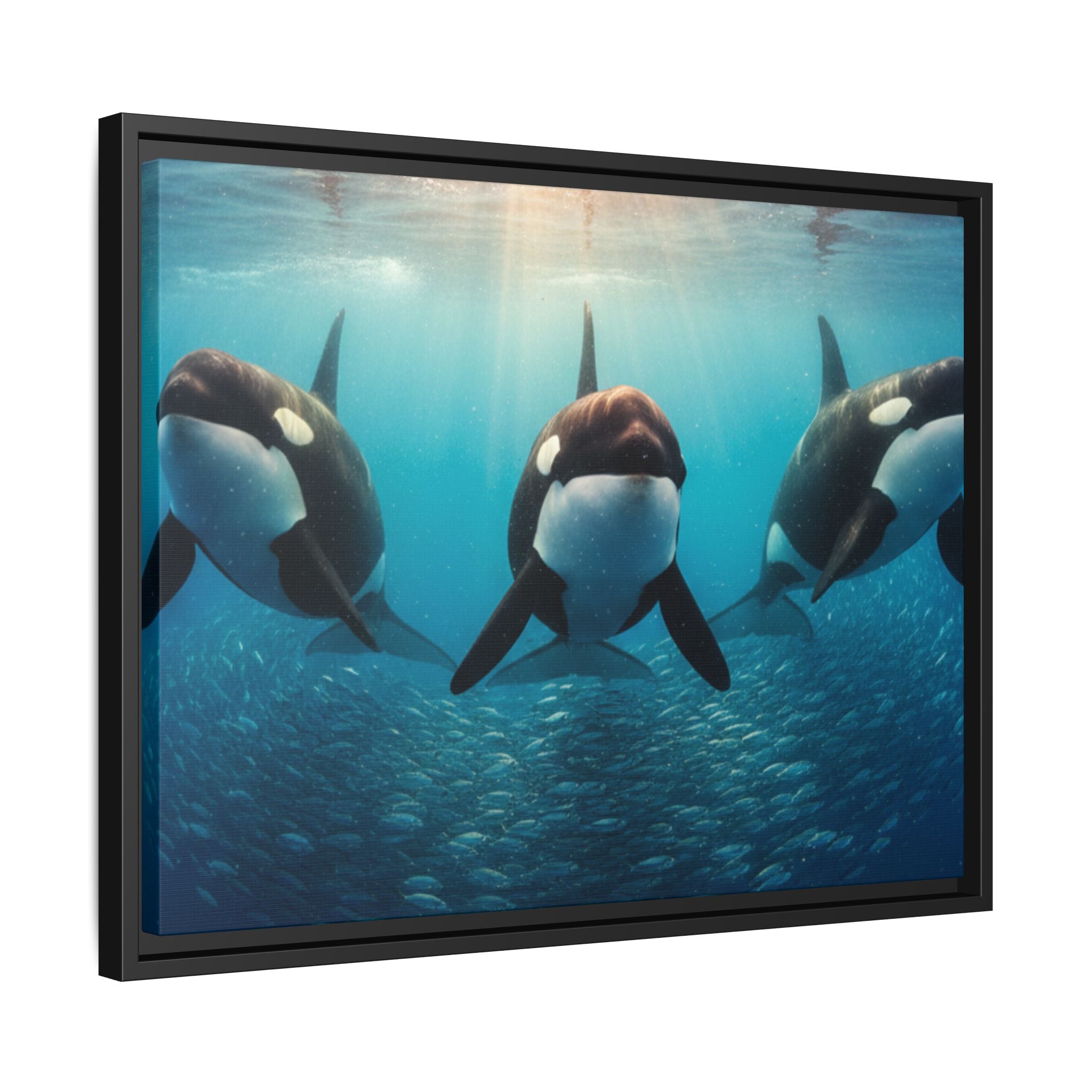 Framed Orca Canvas Print — Underwater Whale Pod Ocean Wall Art