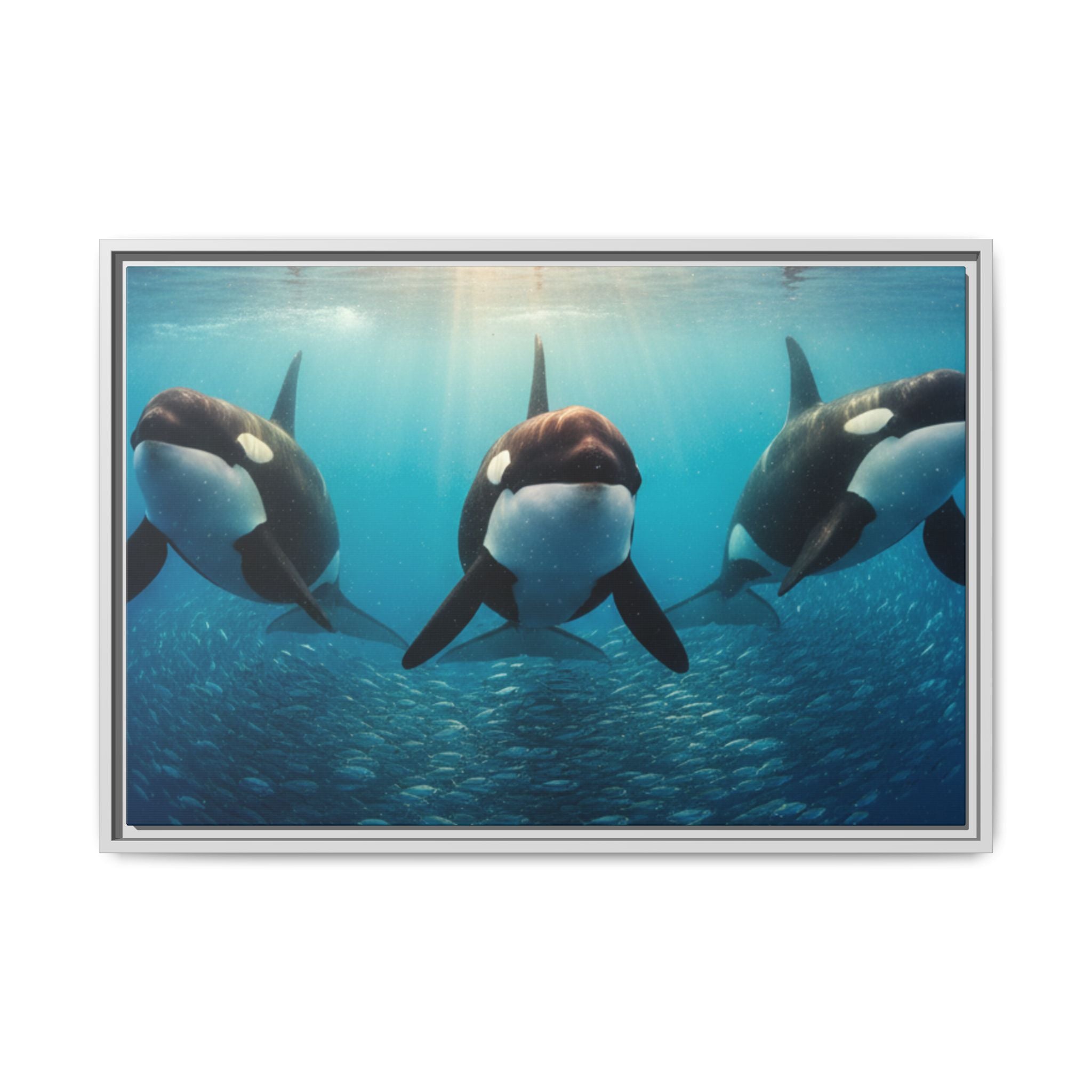Framed Orca Canvas Print — Underwater Whale Pod Ocean Wall Art