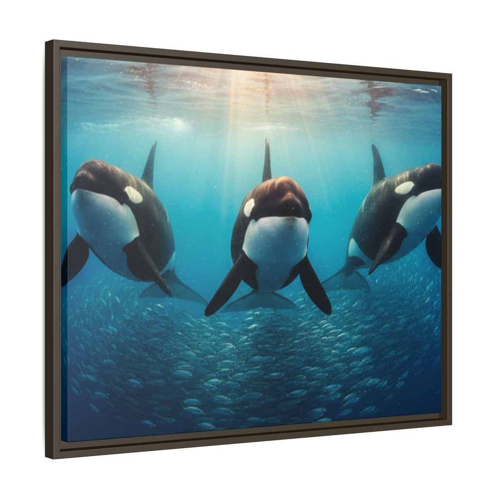 Framed Orca Canvas Print — Underwater Whale Pod Ocean Wall Art