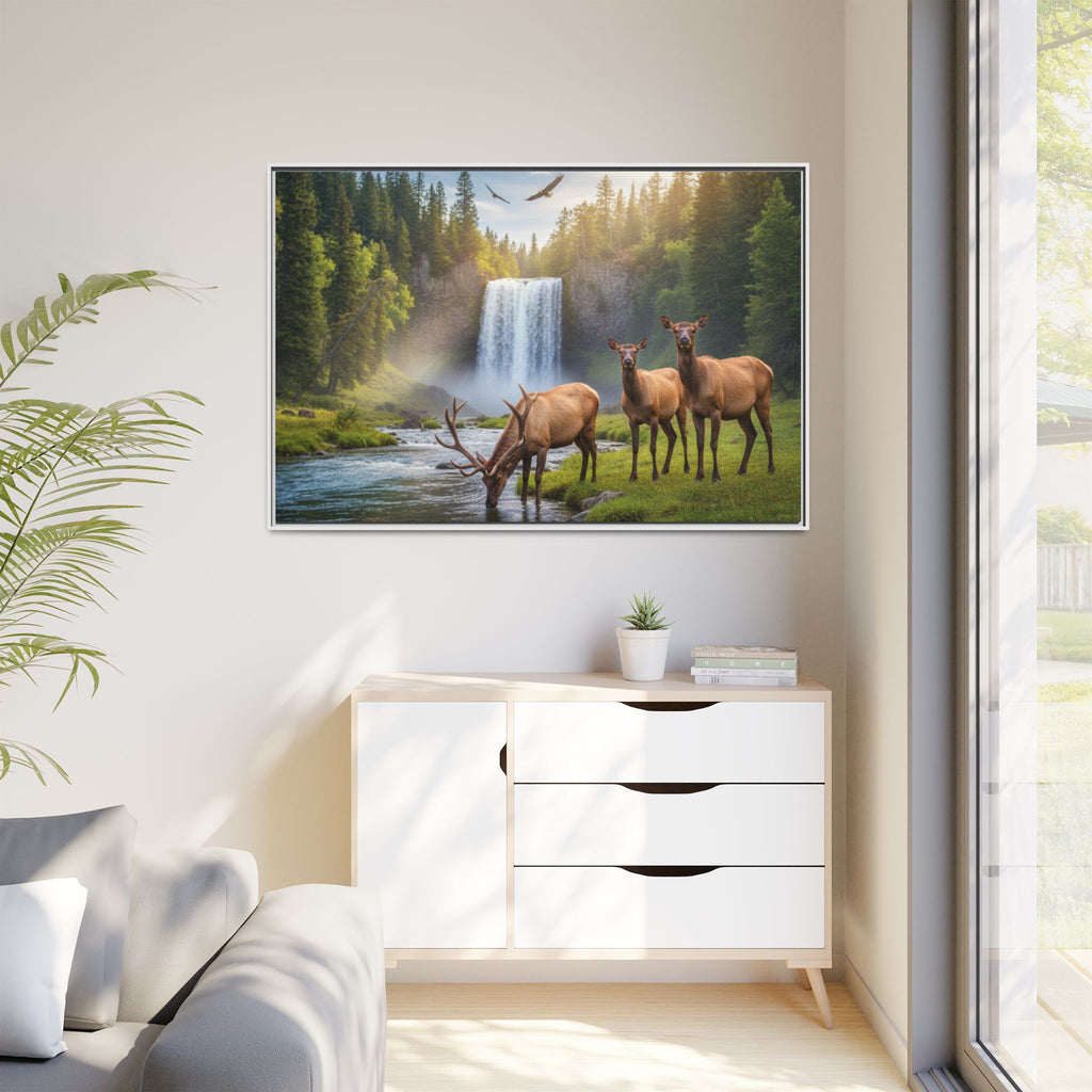 Waterfall Elk Forest Landscape Wall Art
