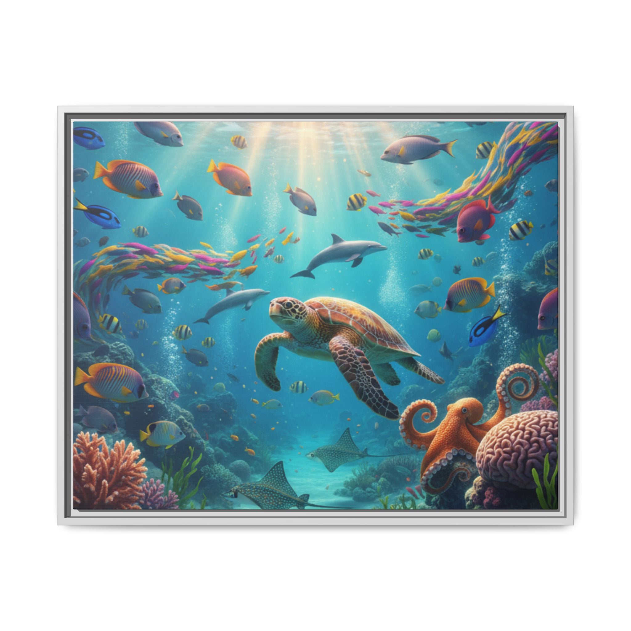 Framed Ocean Life Canvas — Colorful Sea Turtle Wall Art