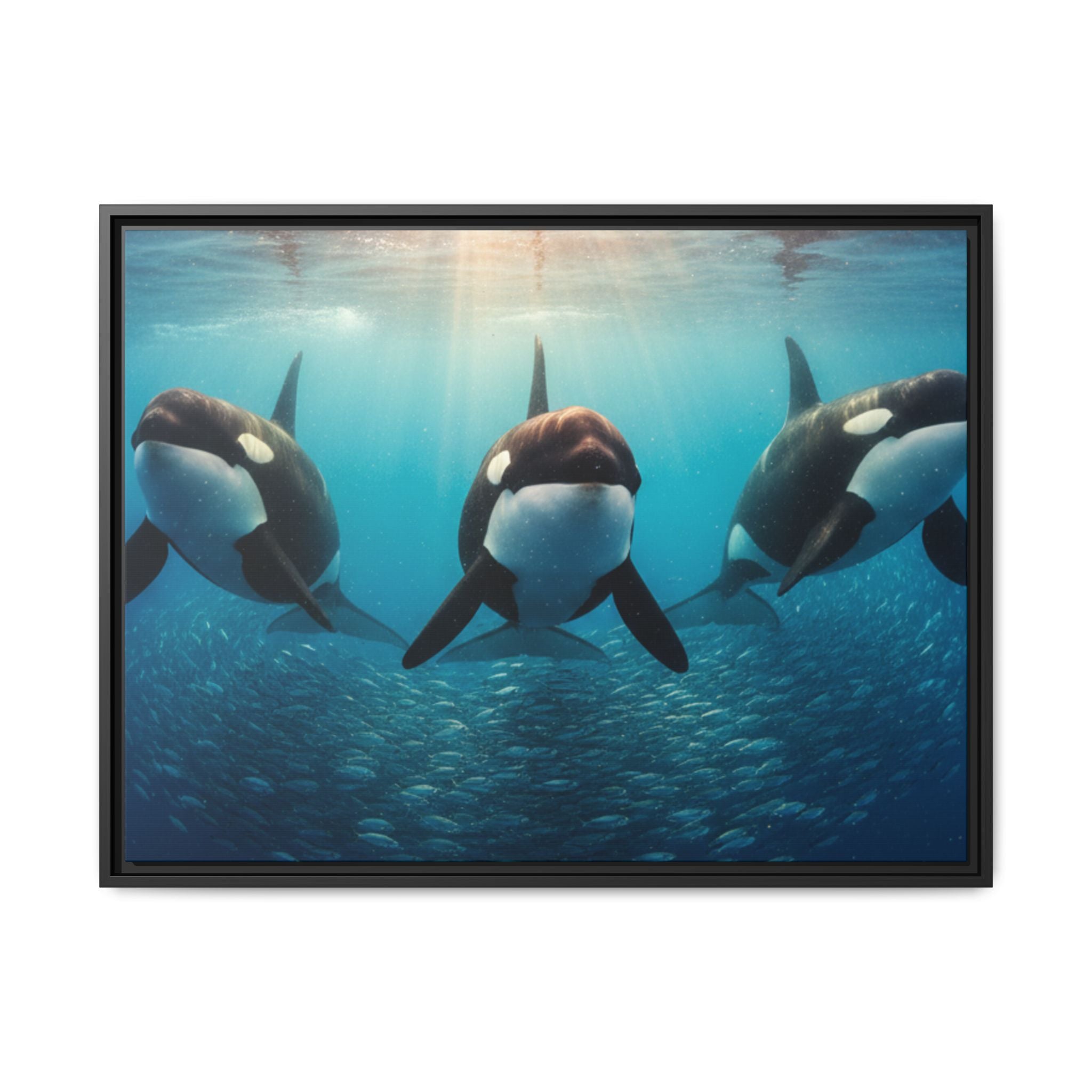 Framed Orca Canvas Print — Underwater Whale Pod Ocean Wall Art