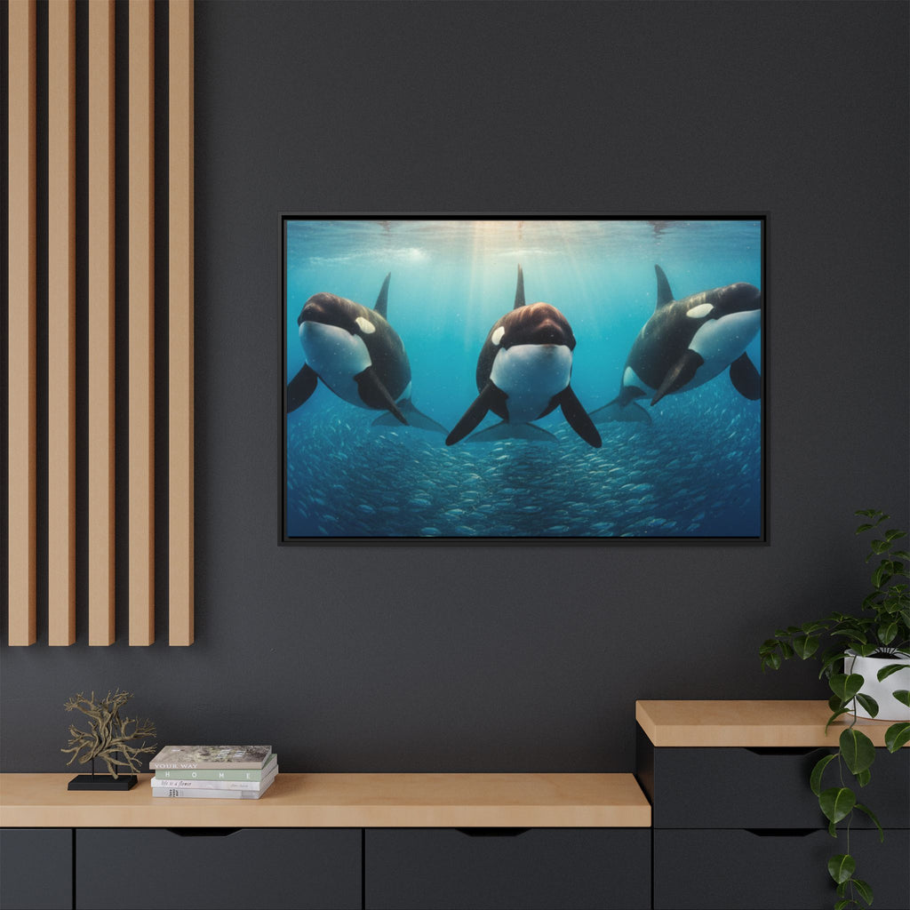 Framed Orca Canvas Print — Underwater Whale Pod Ocean Wall Art