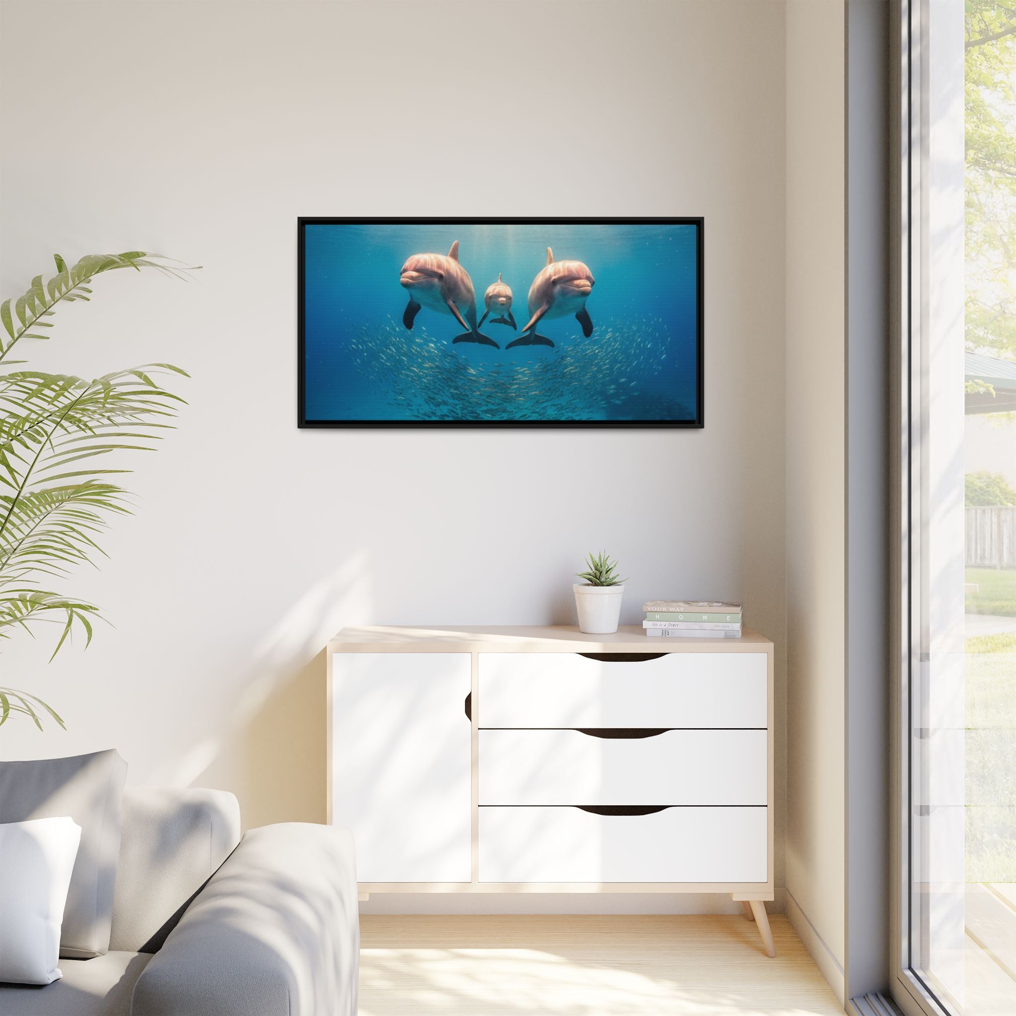 Framed Dolphin Canvas Print — Matte Ocean Wall Art