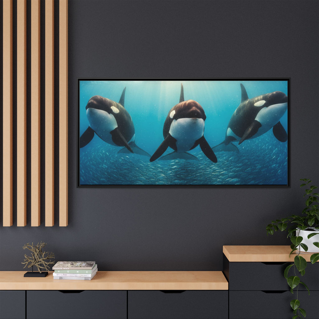Framed Orca Canvas Print — Underwater Whale Pod Ocean Wall Art