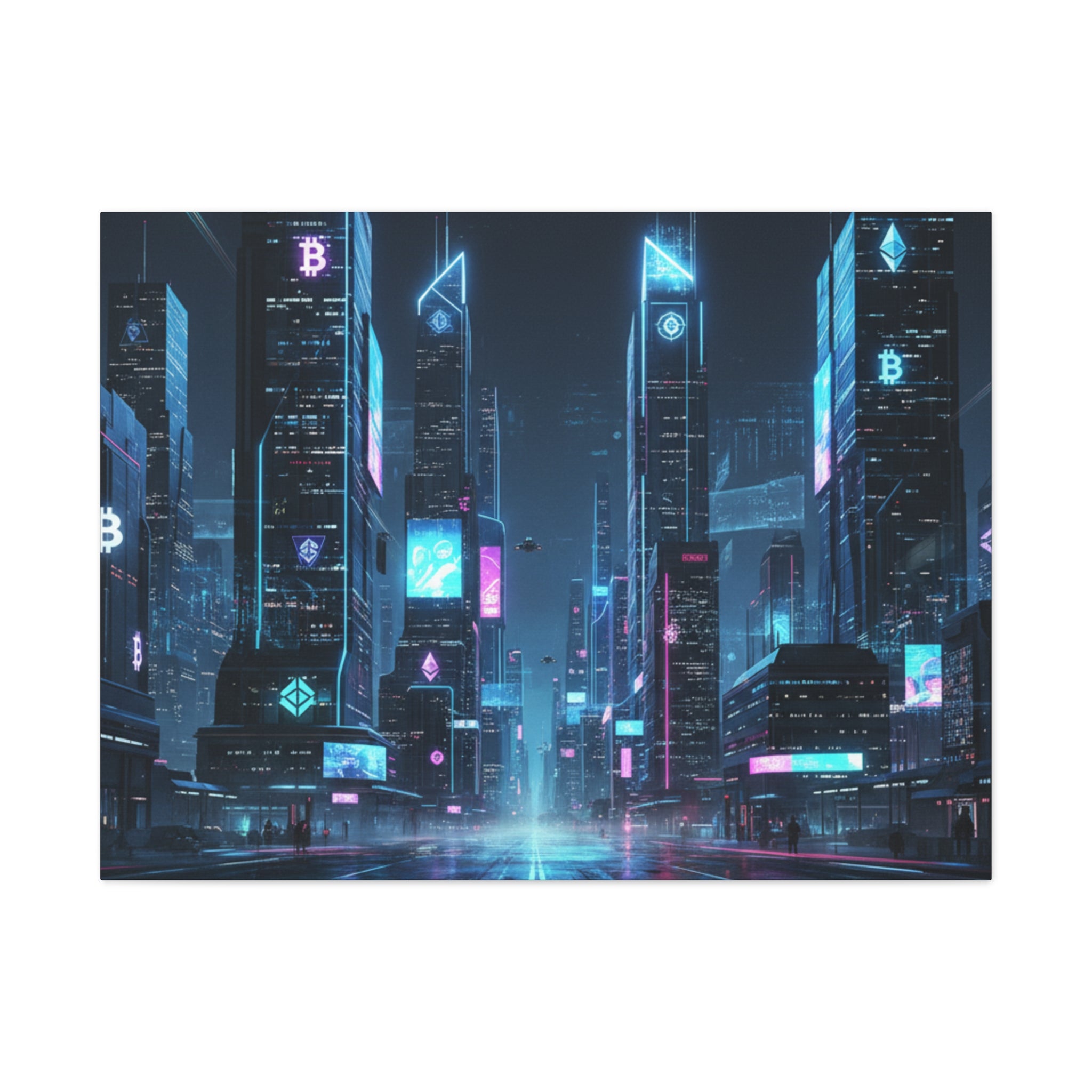 Cyberpunk Crypto Cityscape Canvas Print — Futuristic Neon Skyline Wall Art