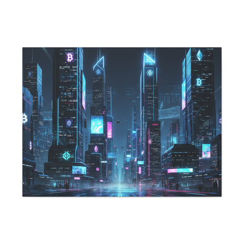 Cyberpunk Crypto Cityscape Canvas Print — Futuristic Neon Skyline Wall Art