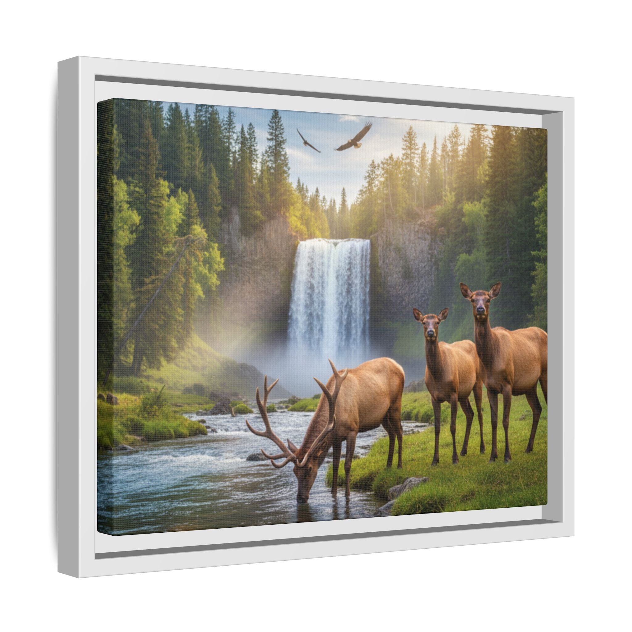 Waterfall Elk Forest Landscape Wall Art