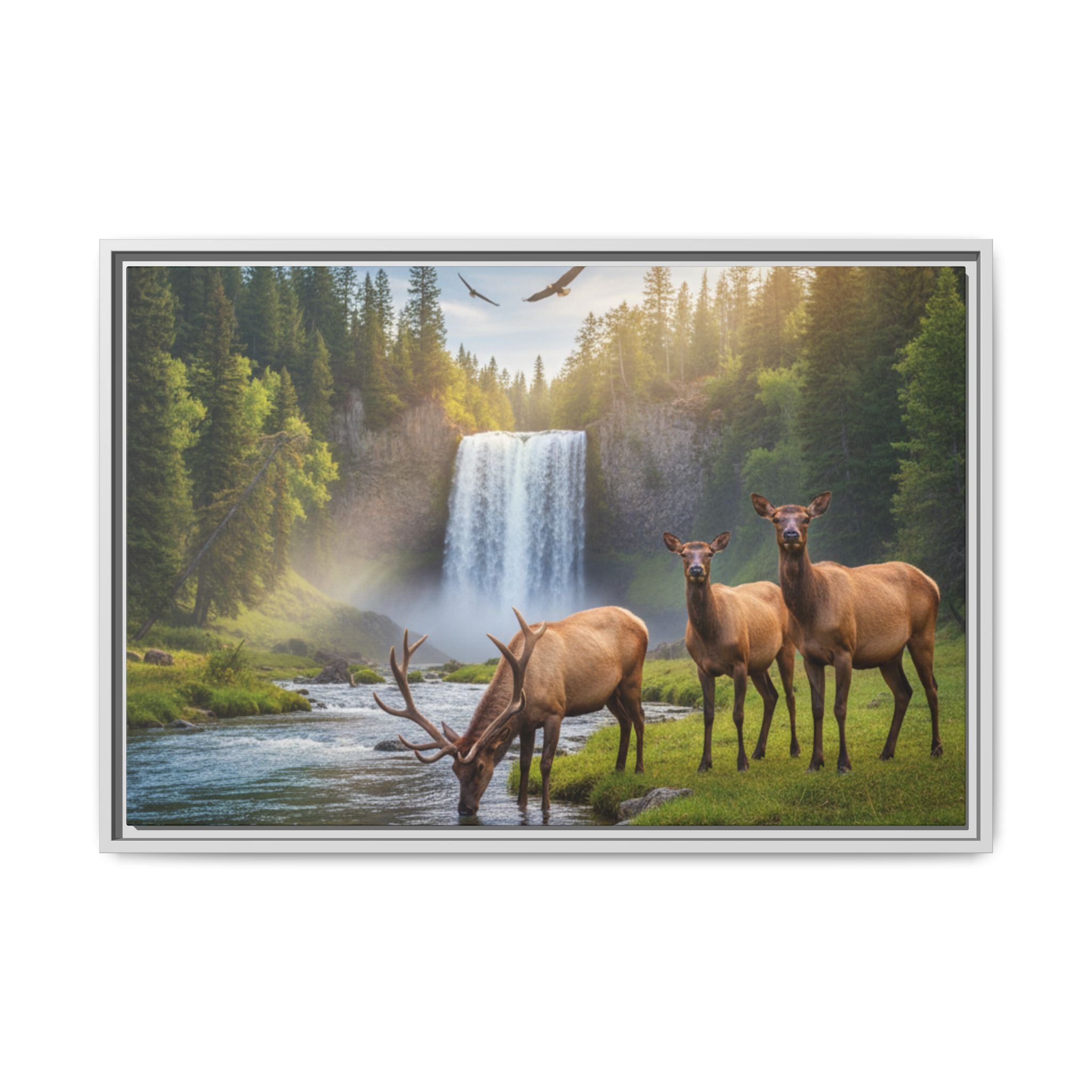 Waterfall Elk Forest Landscape Wall Art