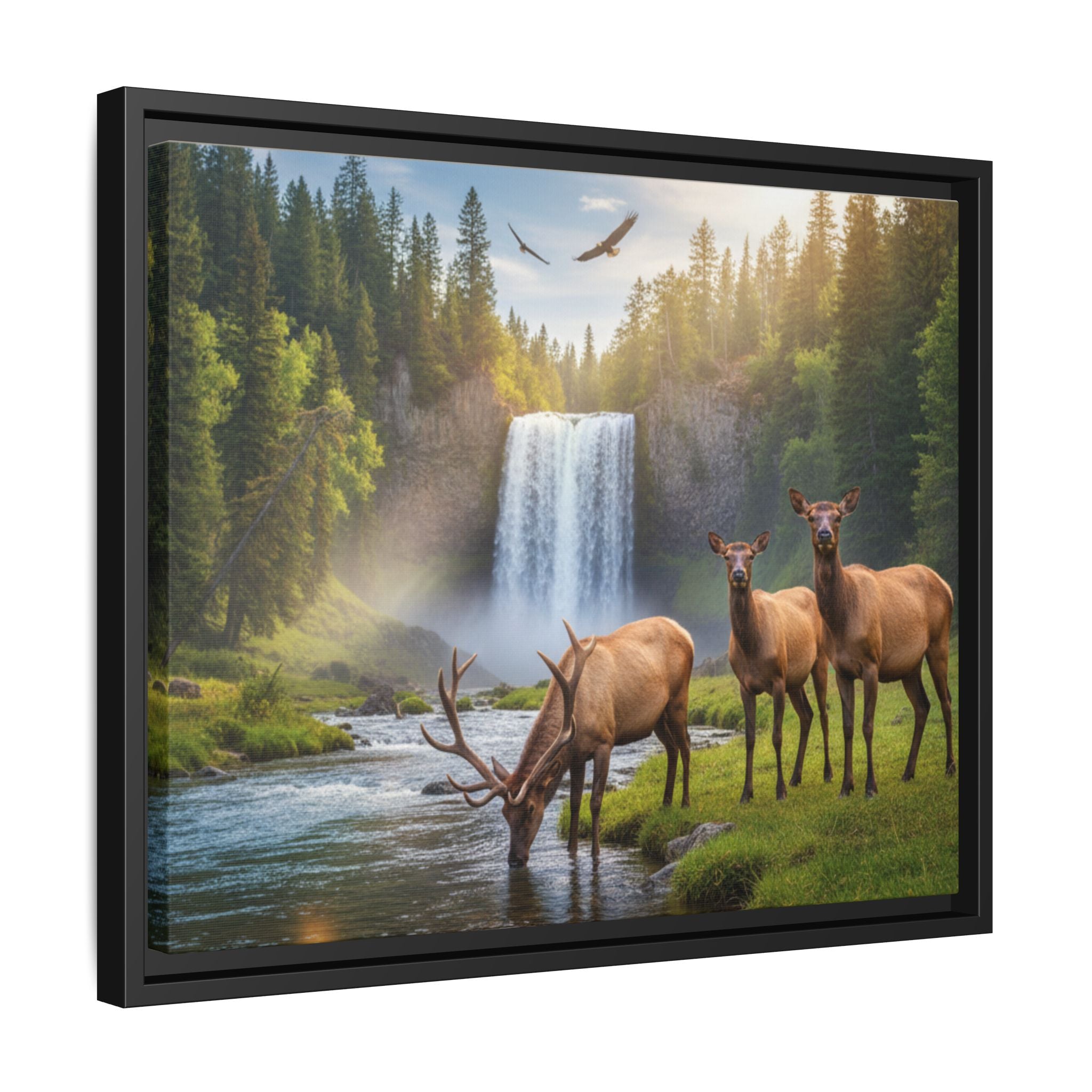 Waterfall Elk Forest Landscape Wall Art