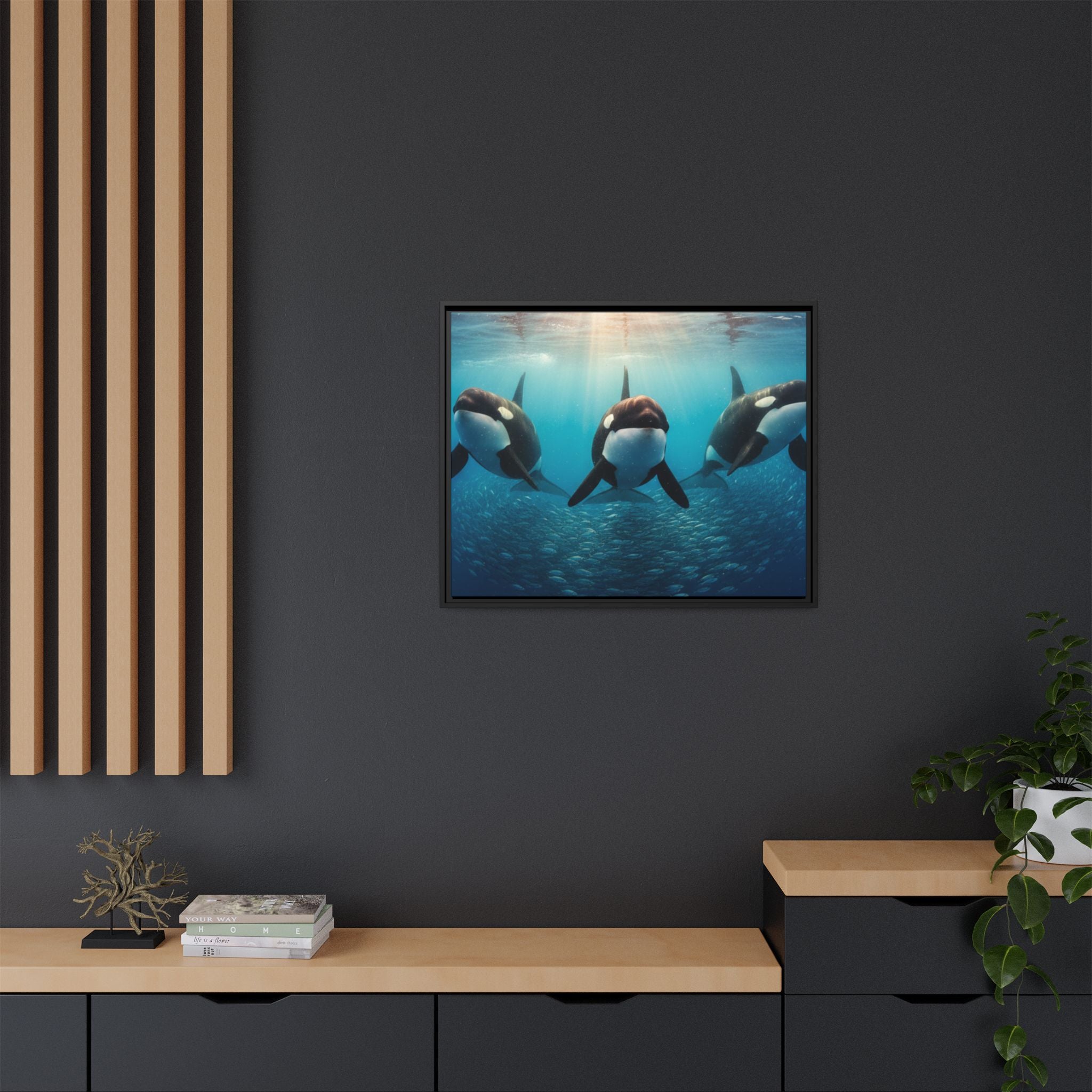 Framed Orca Canvas Print — Underwater Whale Pod Ocean Wall Art