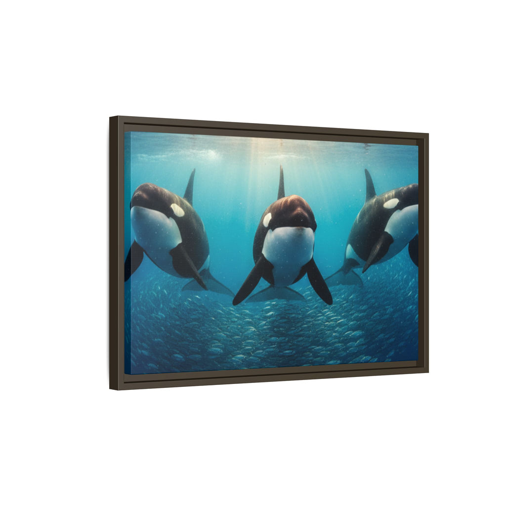 Framed Orca Canvas Print — Underwater Whale Pod Ocean Wall Art