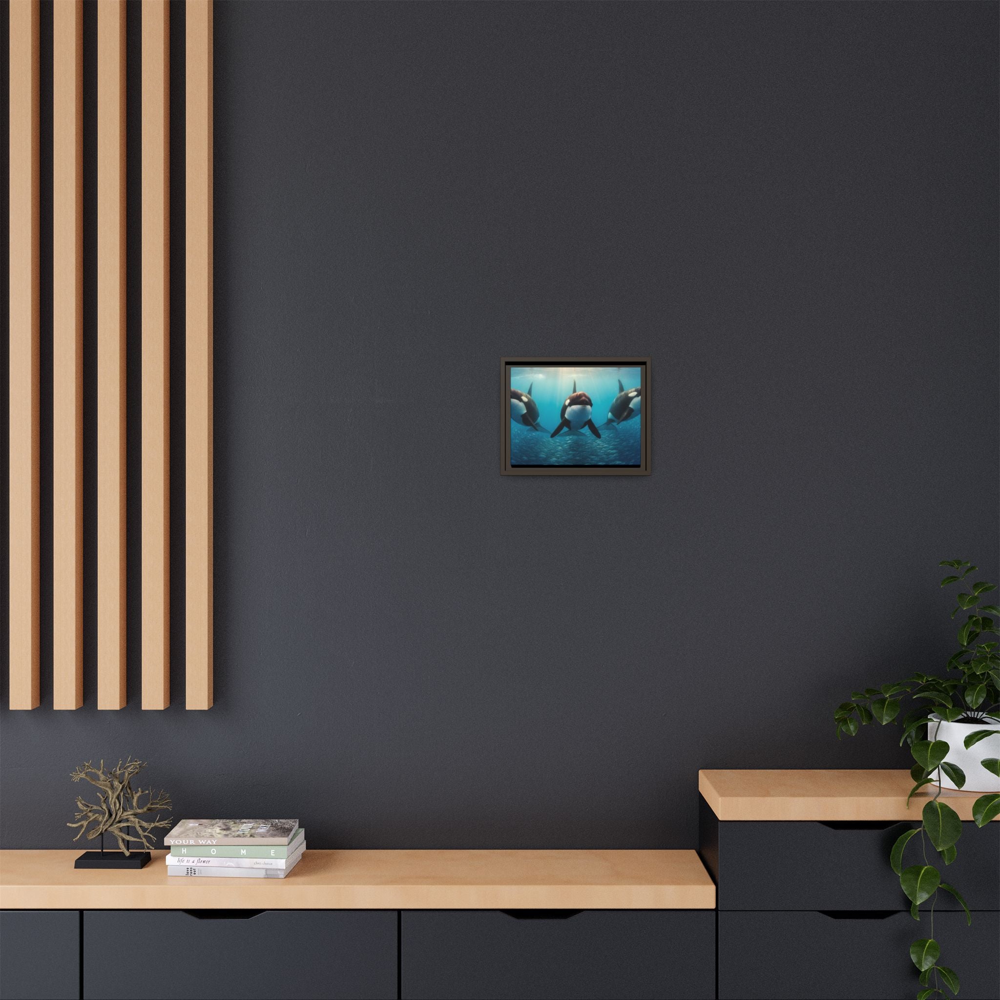 Framed Orca Canvas Print — Underwater Whale Pod Ocean Wall Art