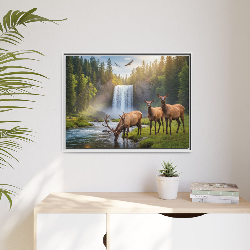 Waterfall Elk Forest Landscape Wall Art