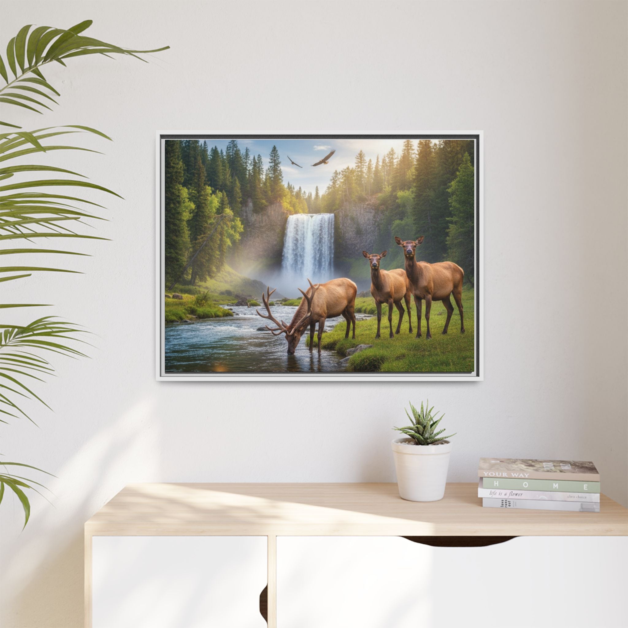 Waterfall Elk Forest Landscape Wall Art