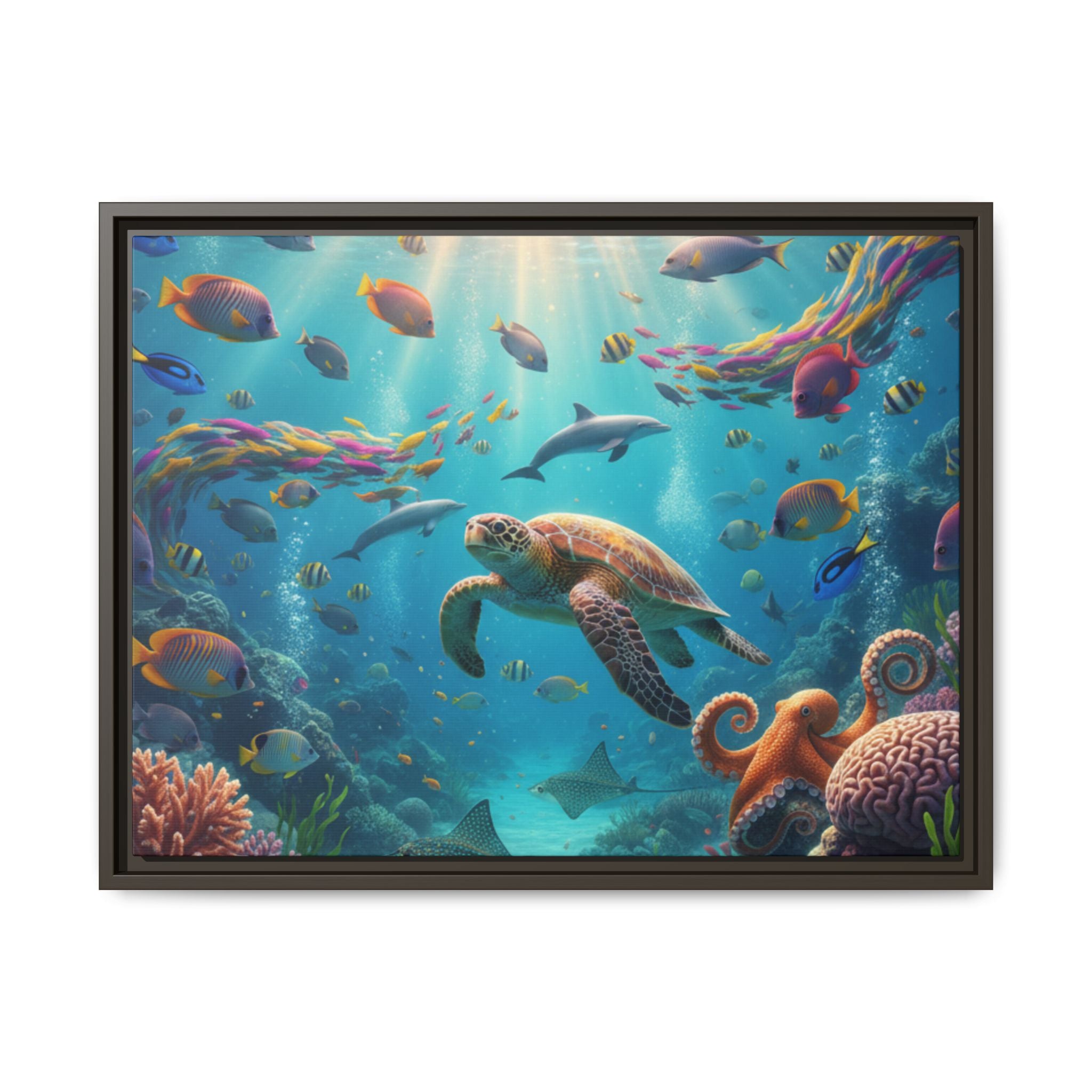 Framed Ocean Life Canvas — Colorful Sea Turtle Wall Art