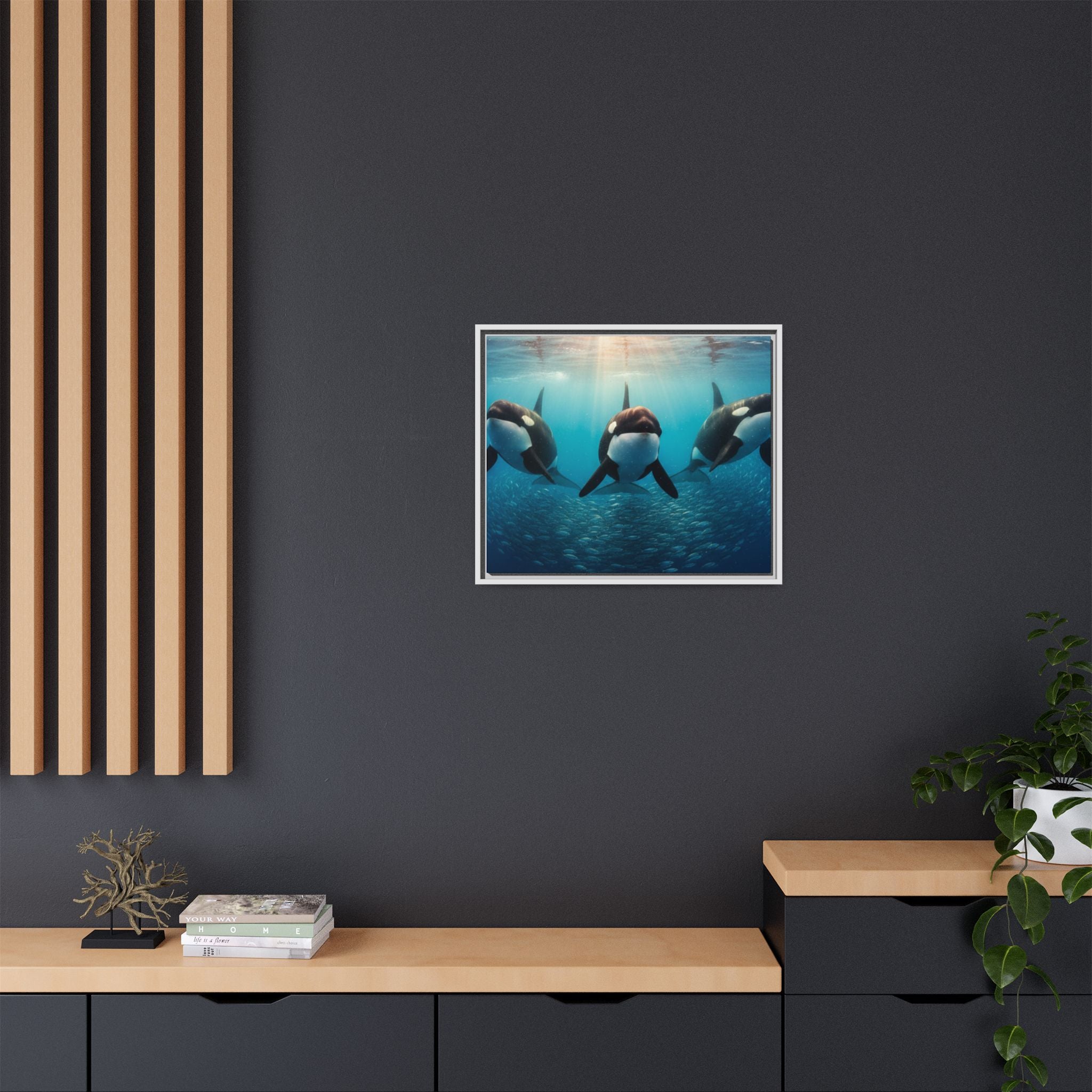Framed Orca Canvas Print — Underwater Whale Pod Ocean Wall Art