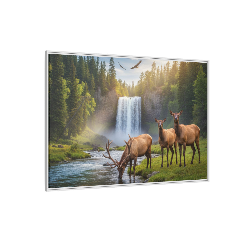 Waterfall Elk Forest Landscape Wall Art