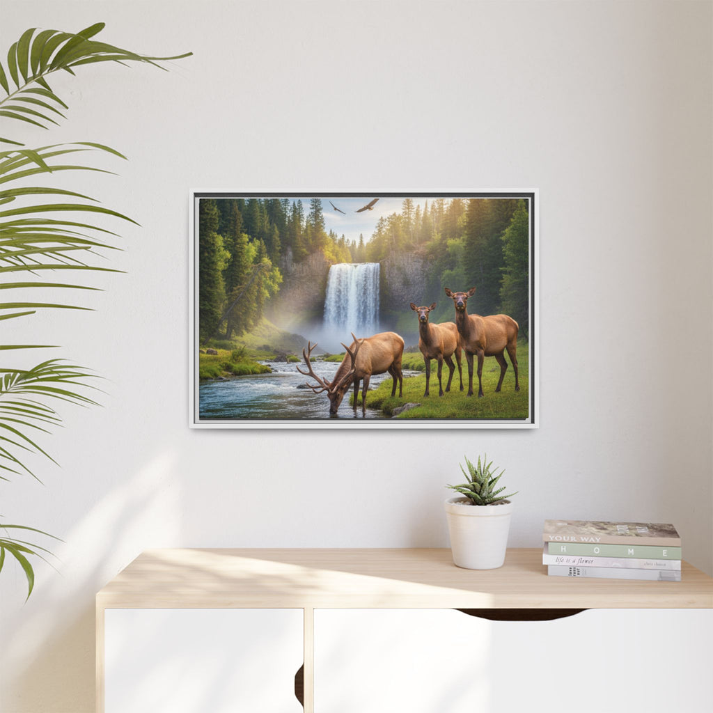 Waterfall Elk Forest Landscape Wall Art