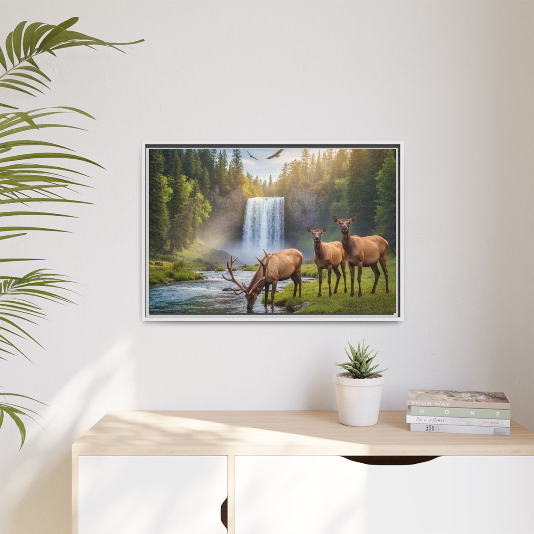 Waterfall Elk Forest Landscape Wall Art