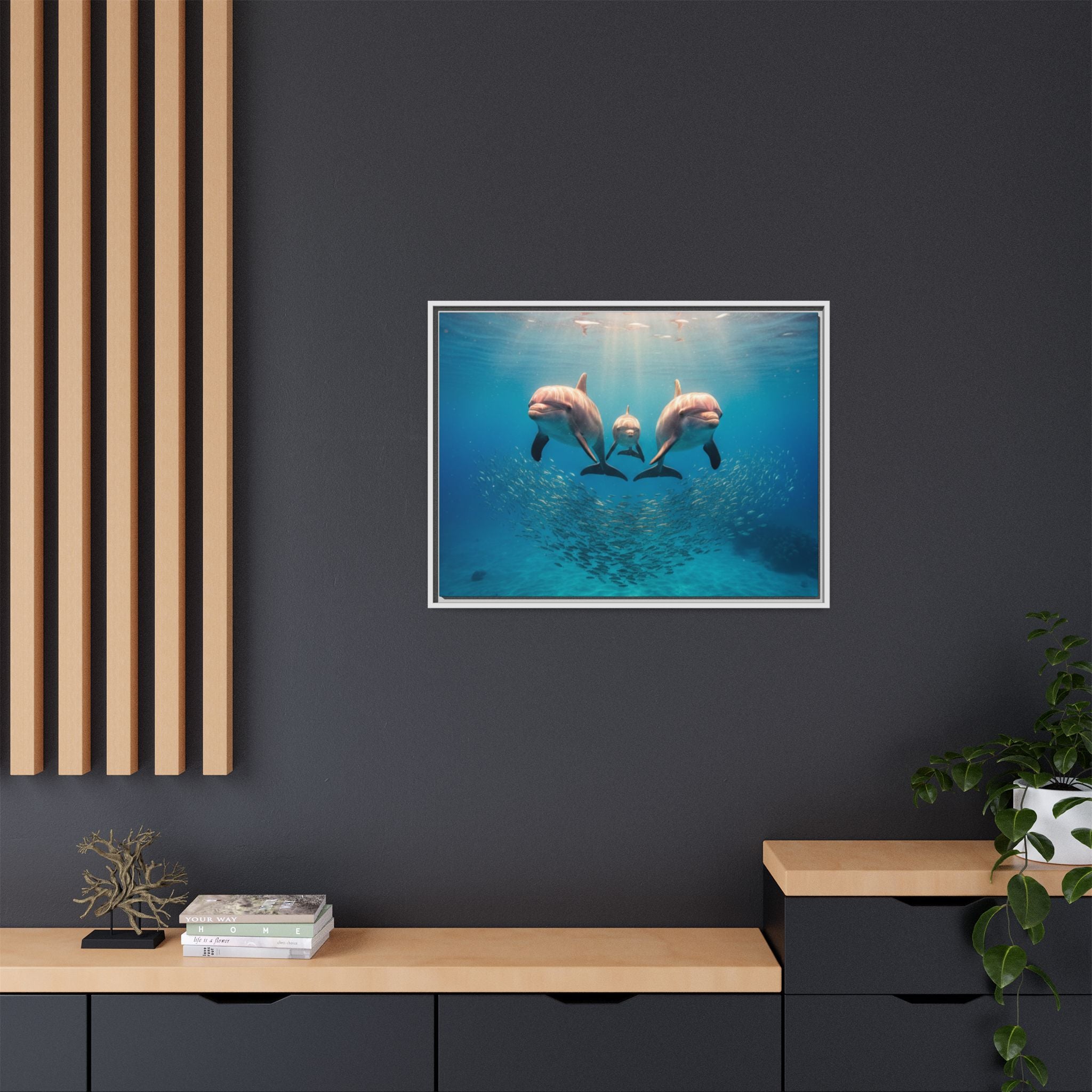 Framed Dolphin Canvas Print — Matte Ocean Wall Art
